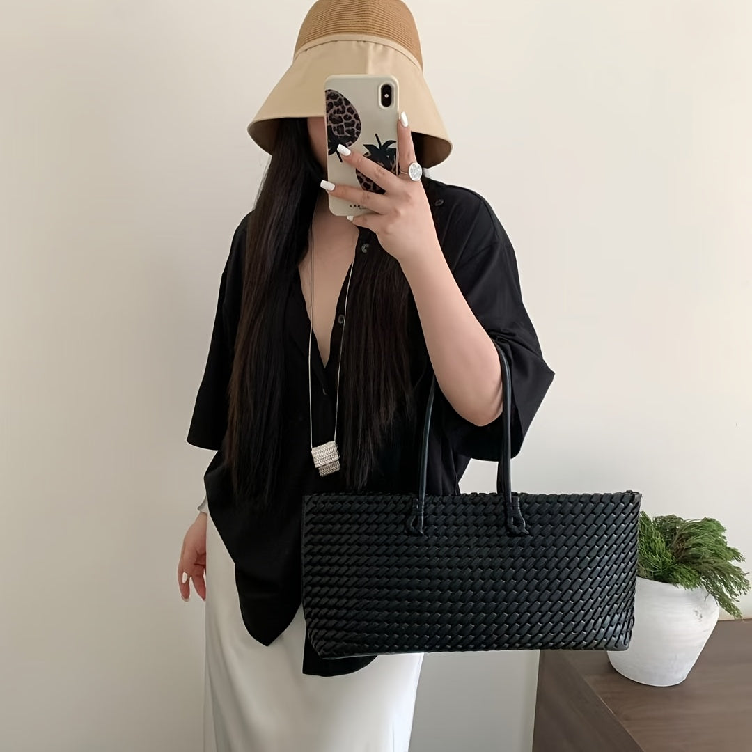 Women's Dual-Sided Woven Large-Capacity Tote Bag - Vegetable Basket Design Handbag with Top Handles & Detachable Shoulder Strap