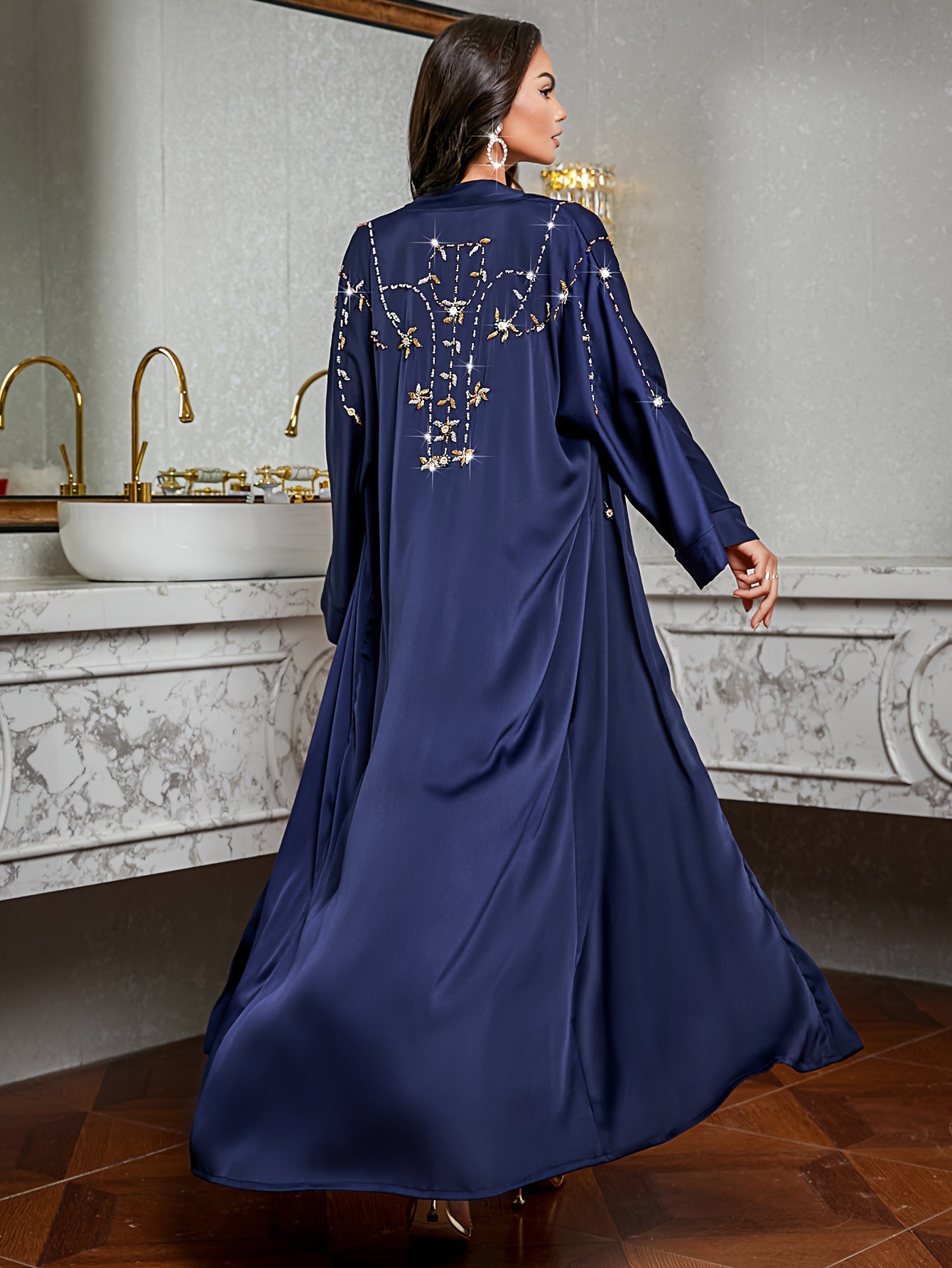 Elegant Navy Blue Kimono Abaya with Sparkling Embellishments - Long Sleeve, Loose Fit, Floor-Length Dress for Women, Perfect for All Seasons, Allseason Attire|Sparkling Embellishments|Rhinestone Details