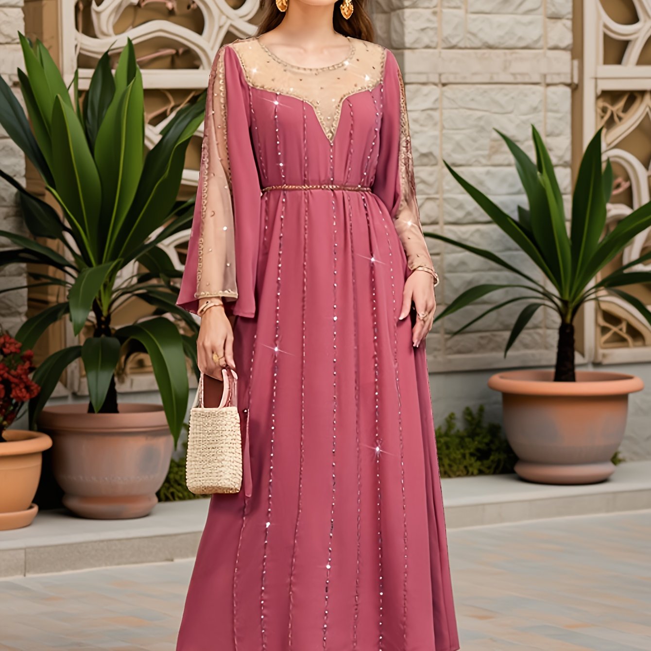 Women's Middle Eastern-Inspired Rhinestone-Embellished Long Sleeve Modern Abaya - Solid Peach Pink Polyester with Belt Detail, Elegant Spring/Summer Party & Casual Wear, Hand Wash Only