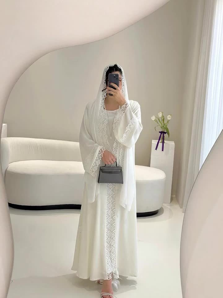 2pcs Muslim Kaftan Abaya Set with Lace Trim | Plus Sleeveless Vest Skirt, Headscarf, for Ramada