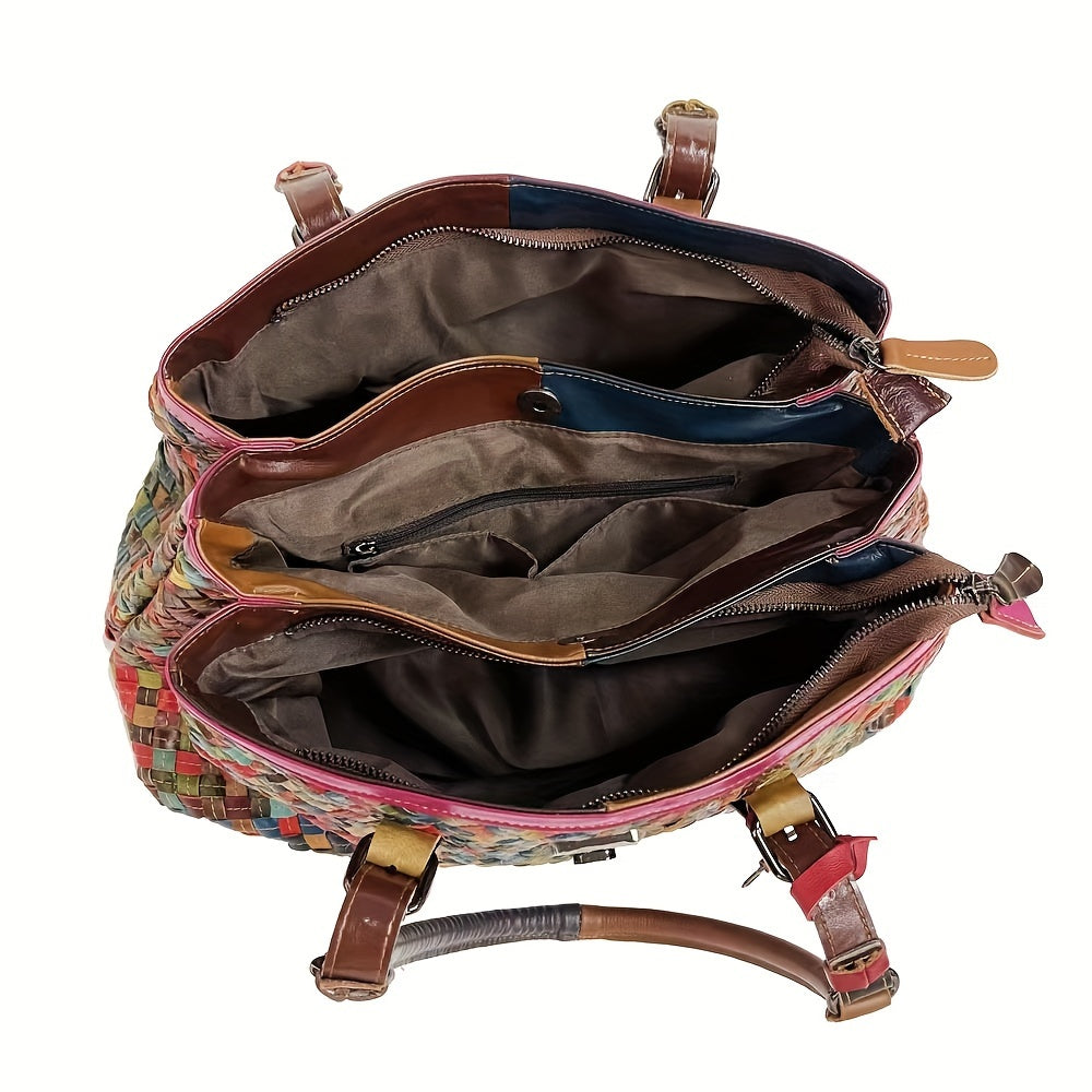 Vibrant Woven Leather Tote Bag for Women – Retro Ethnic Style Shoulder & Crossbody Handbag