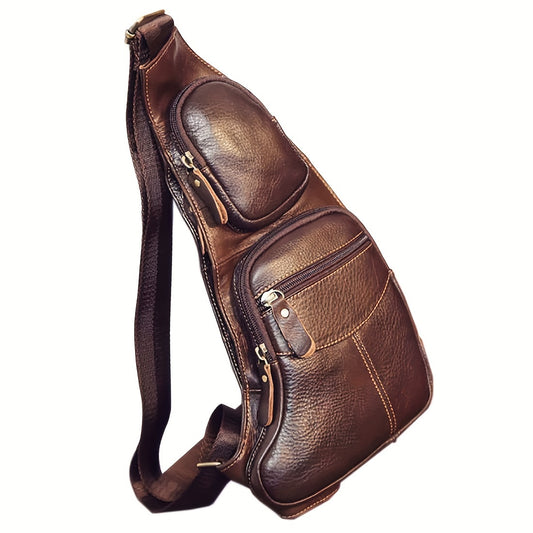 Vintage Genuine Leather Sling Bag for Men & Women - Adjustable Crossbody Shoulder Pack with Multiple Zippered Pockets