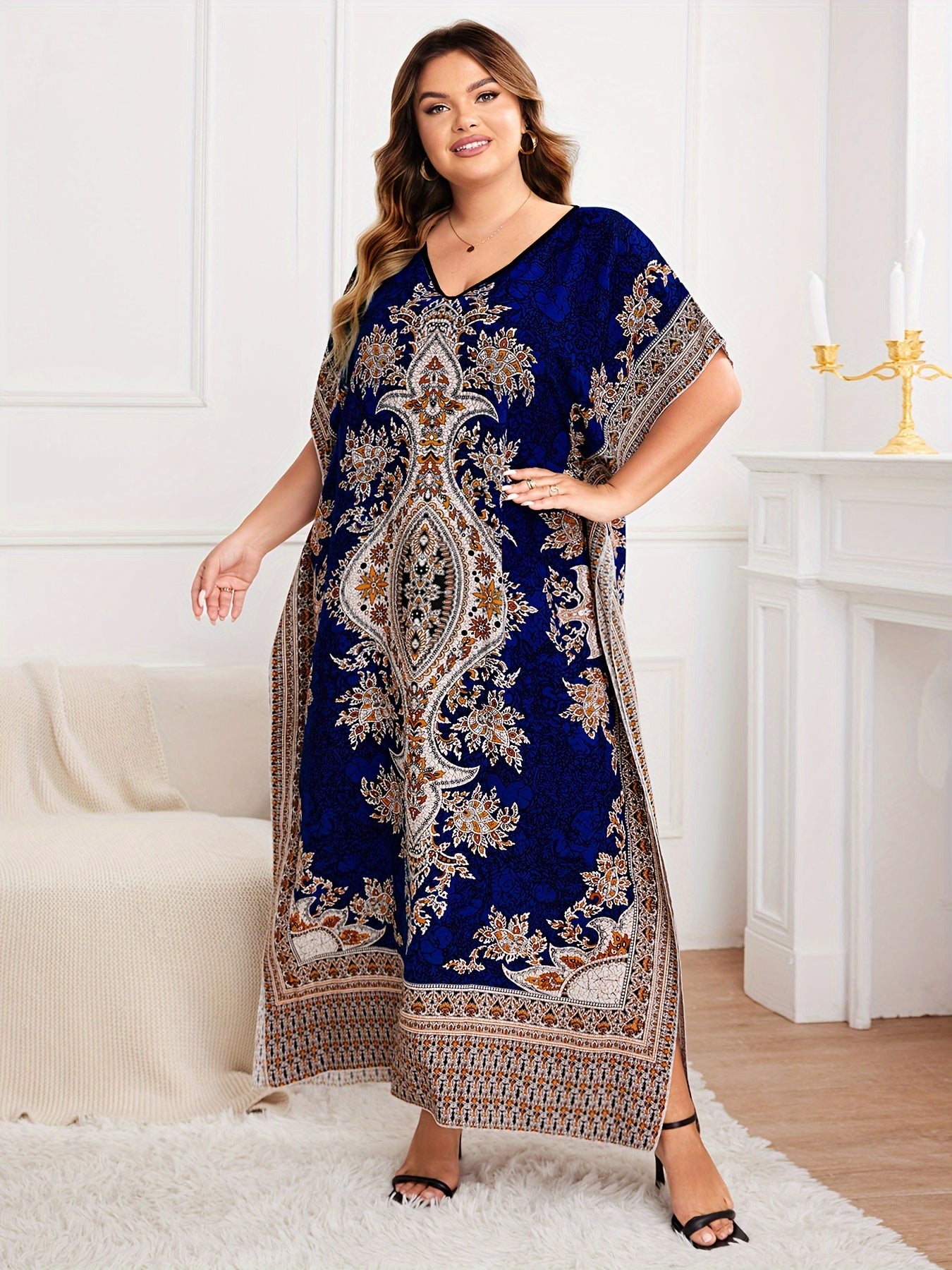 Plus Size, European and American Plus Size Women's Bohemian Vacation Dress with Middle Eastern Kaftan Abaya Style