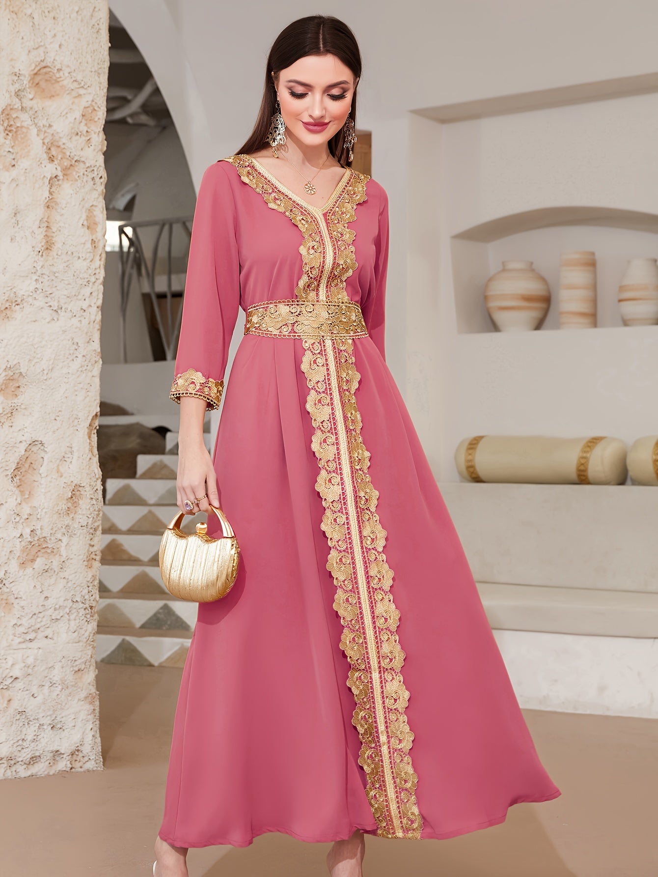 Elegant Golden Contrast Lace Detail Maxi Palestinian Abaya - V-Neck, Long Sleeve, Polyester, Formal or Evening Wear for Women, Formal Occasion Attire | Lace Detailing | Polyester Fabric