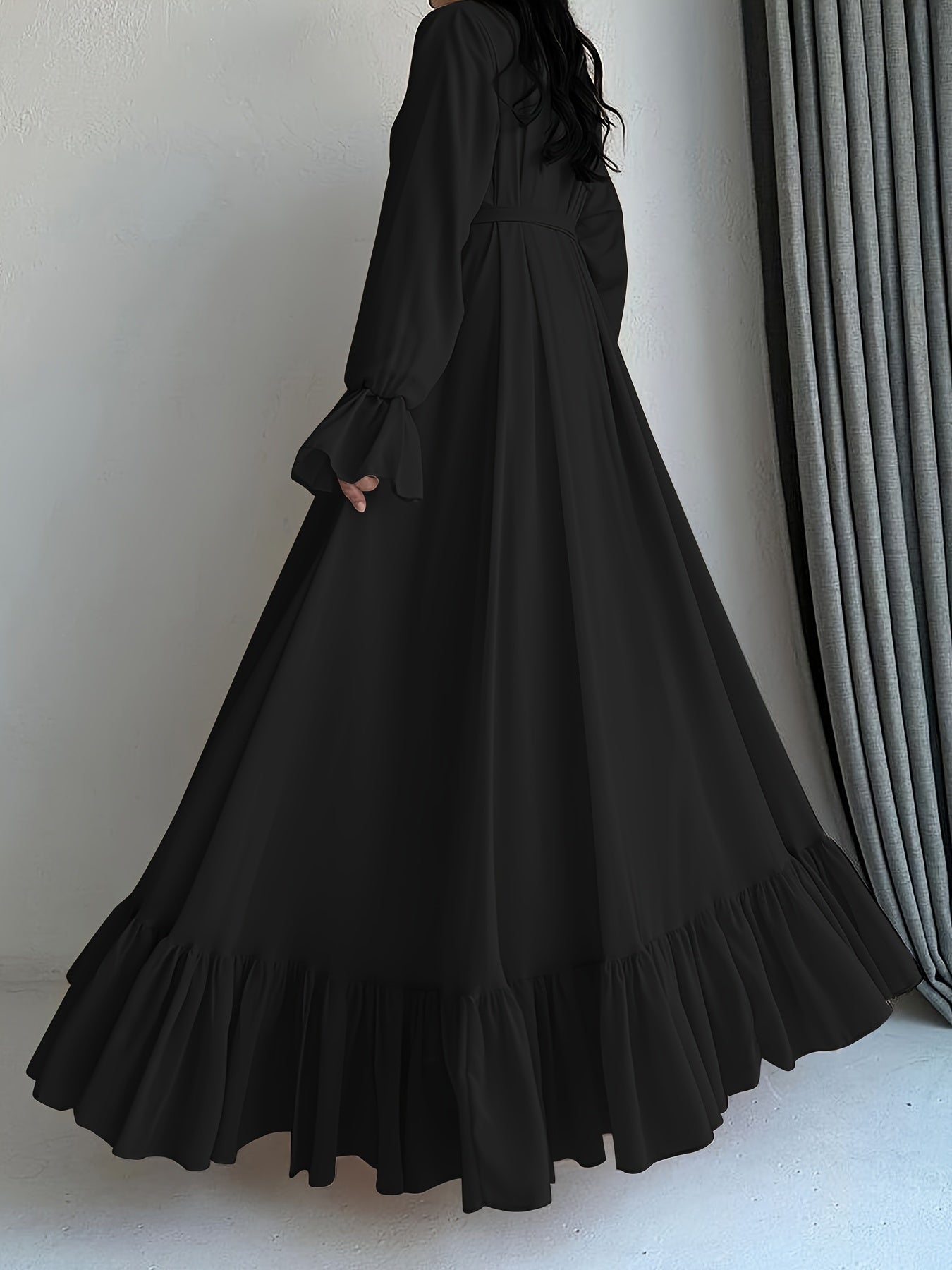 Stunning Solid Color Belted Peplum Maxi Dress - Elegant Palestinian Abaya for Women with Long Sleeves, Pleated Design, and Flattering Silhouette for Spring and Fall Seasons - Chic and Modest Clothing
