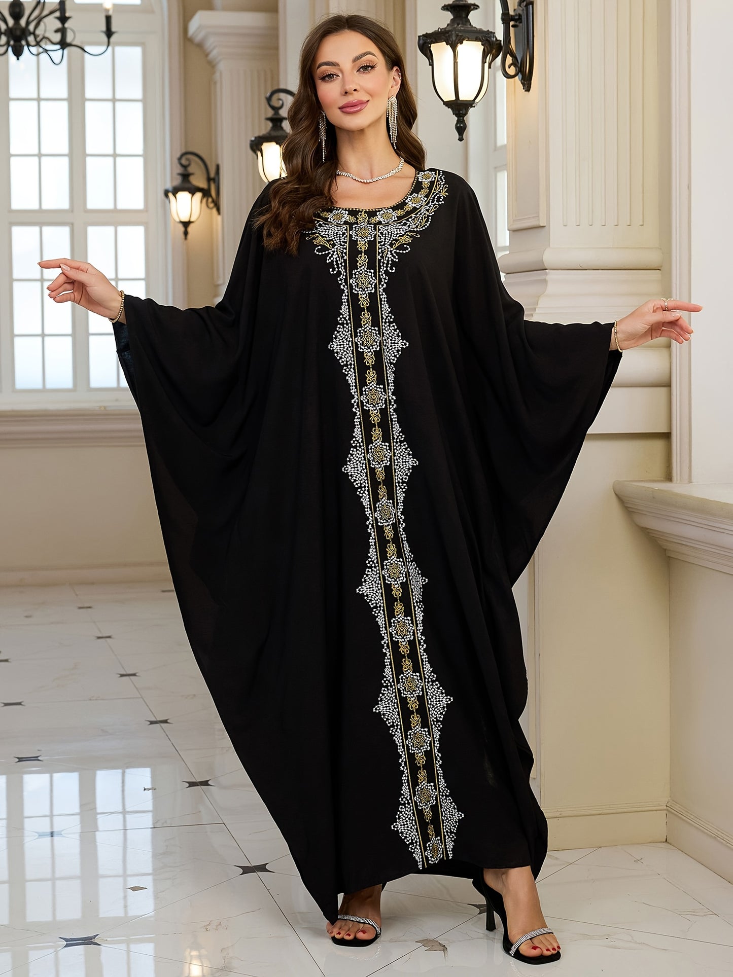 Plus Size Elegant Long Sleeve Batwing Kaftan, Viscose Non-Stretch Fabric, Tribal Embroidery, Loose Fit, with Woven Traditional Middle Eastern Abaya Robe for Festive Occasions