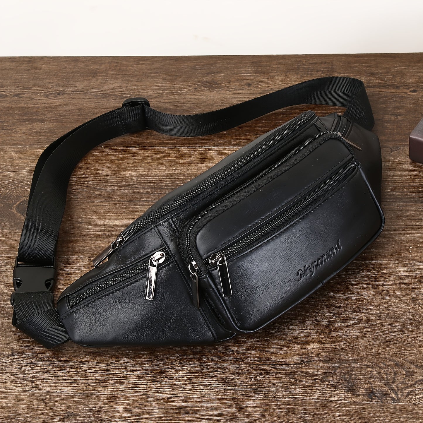 Men's Genuine Leather Belt Bag, Casual Top Layer Cowhide Fanny Pack, Black, with Adjustable 35.43inch Strap, Crossbody