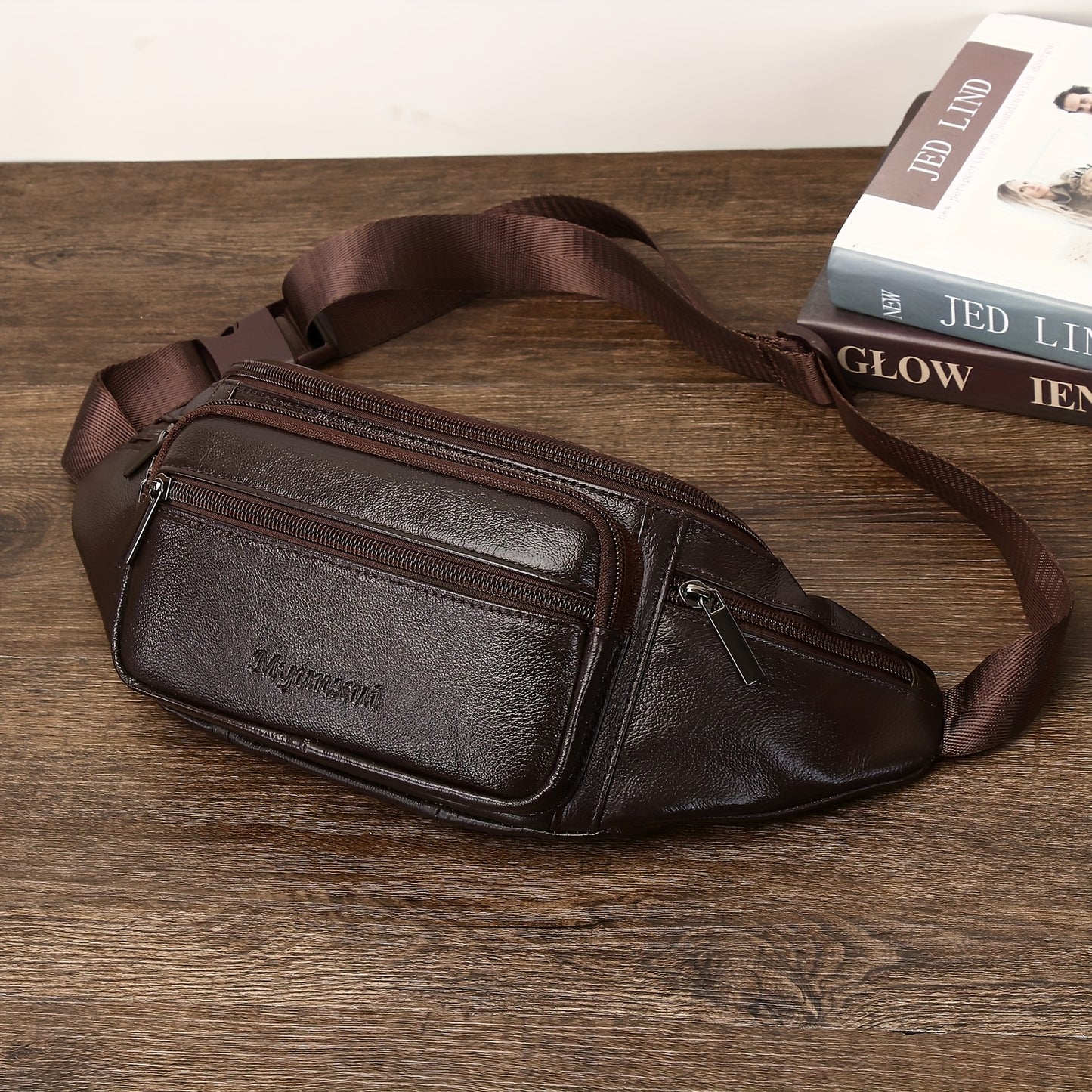 Men's Genuine Leather Belt Bag, Casual Top Layer Cowhide Fanny Pack, Black, with Adjustable 35.43inch Strap, Crossbody