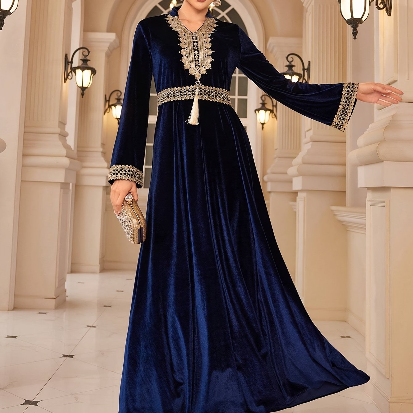 Elegant Women's V-Neck Tassel Embroidered Long Sleeve Maxi Modern Abaya - Velvet Teal Blue with Detachable Belt, Flowy Loose Fit for Weddings, Parties & Festivals, Middle Eastern Attire