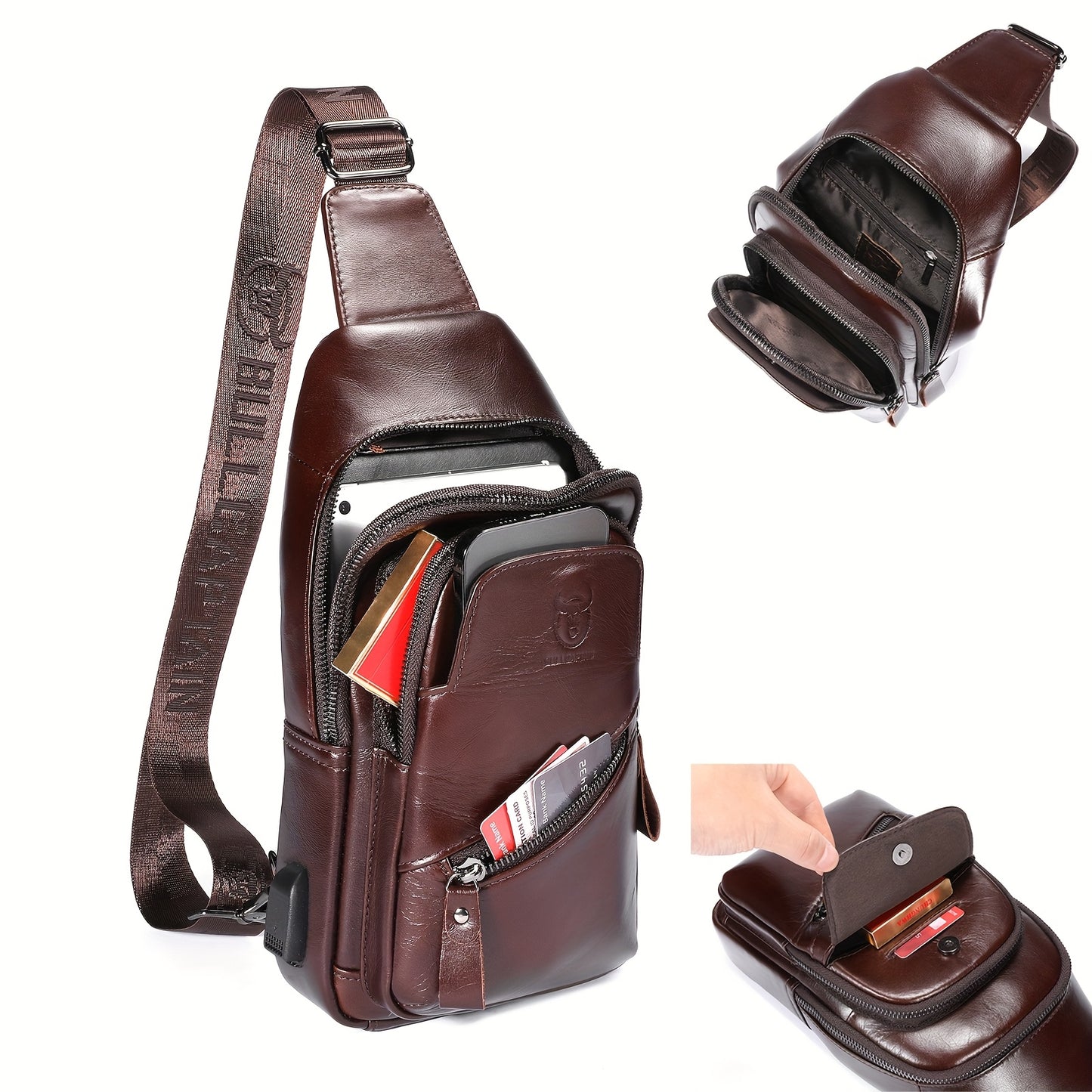 Men's Genuine Leather Sling Bag | Adjustable Crossbody & Chest Pack with USB Charging Port, Multiple Zipper Pockets