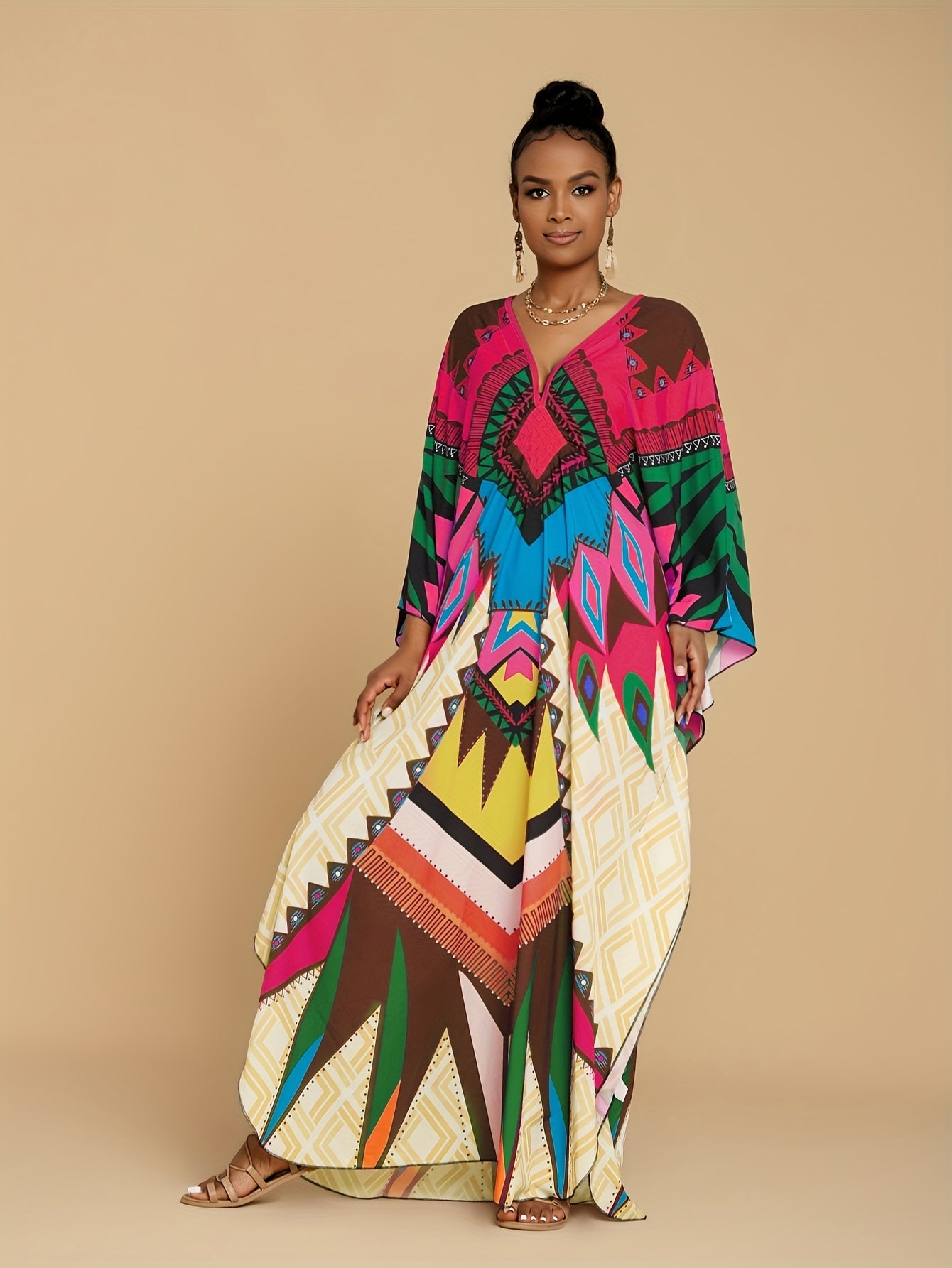 Women's Kaftan Dresses Geometric Patterns Floral Prints Beach Cover Up Chest Casual Home Vacation Ethnic Kaftan Robe Cover Up Batwing Sleeve Elegant Dress
