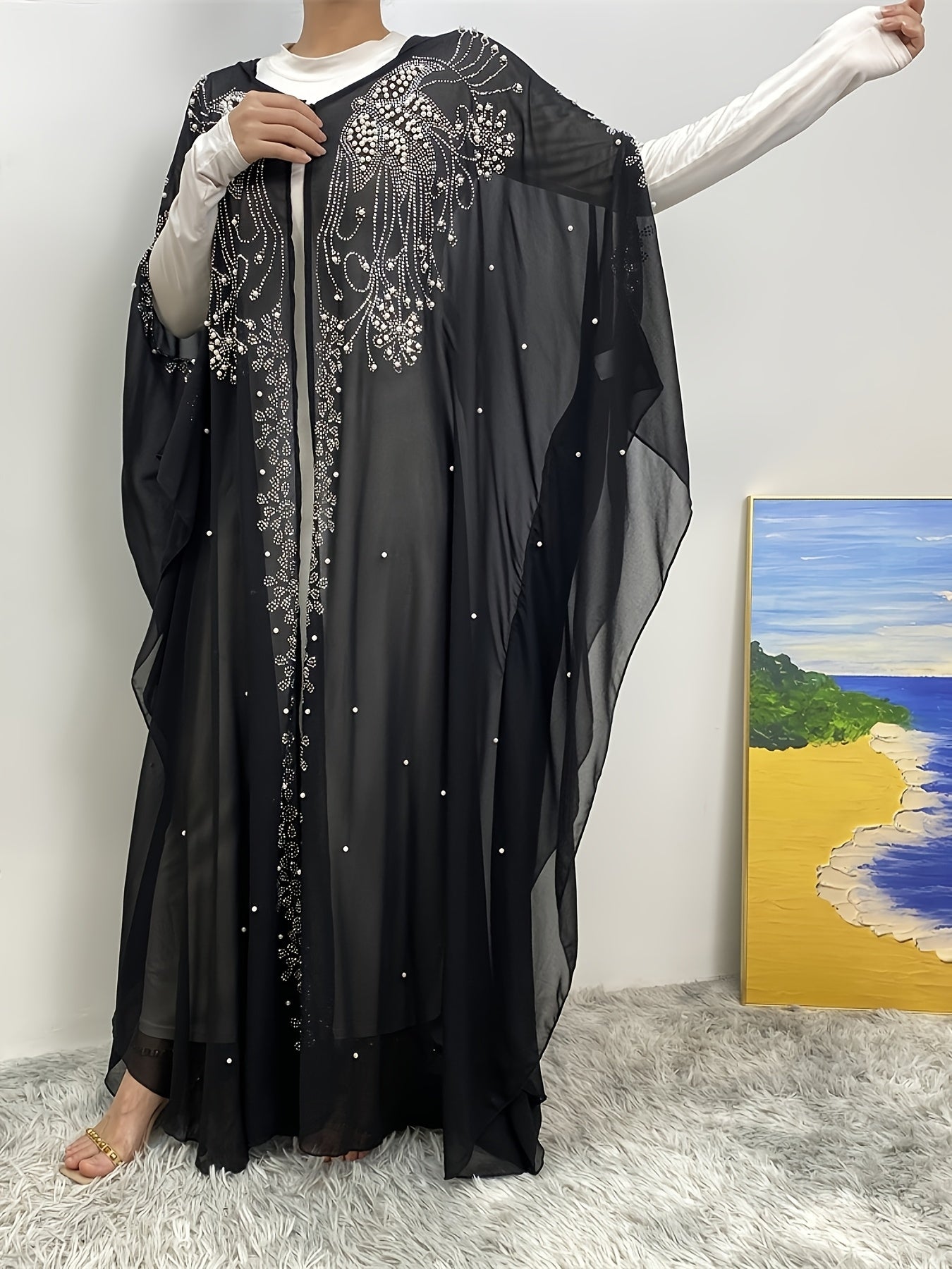 Luxury Chiffon Rhinestone-Embellished Hooded Muslim Kimono Abaya with Batwing Sleeves - Long Formal Party Gown, Machine Washable Elegant Modest Evening Dress for Spring/Summer