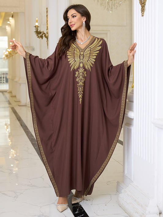 Women's Elegant Middle Eastern Kaftan Abaya - Formal & Everyday Islamic Gown with Long Batwing Sleeves, V-Neck, Non-Stretch Fabric for Ramadan, Weddings, Cultural Events