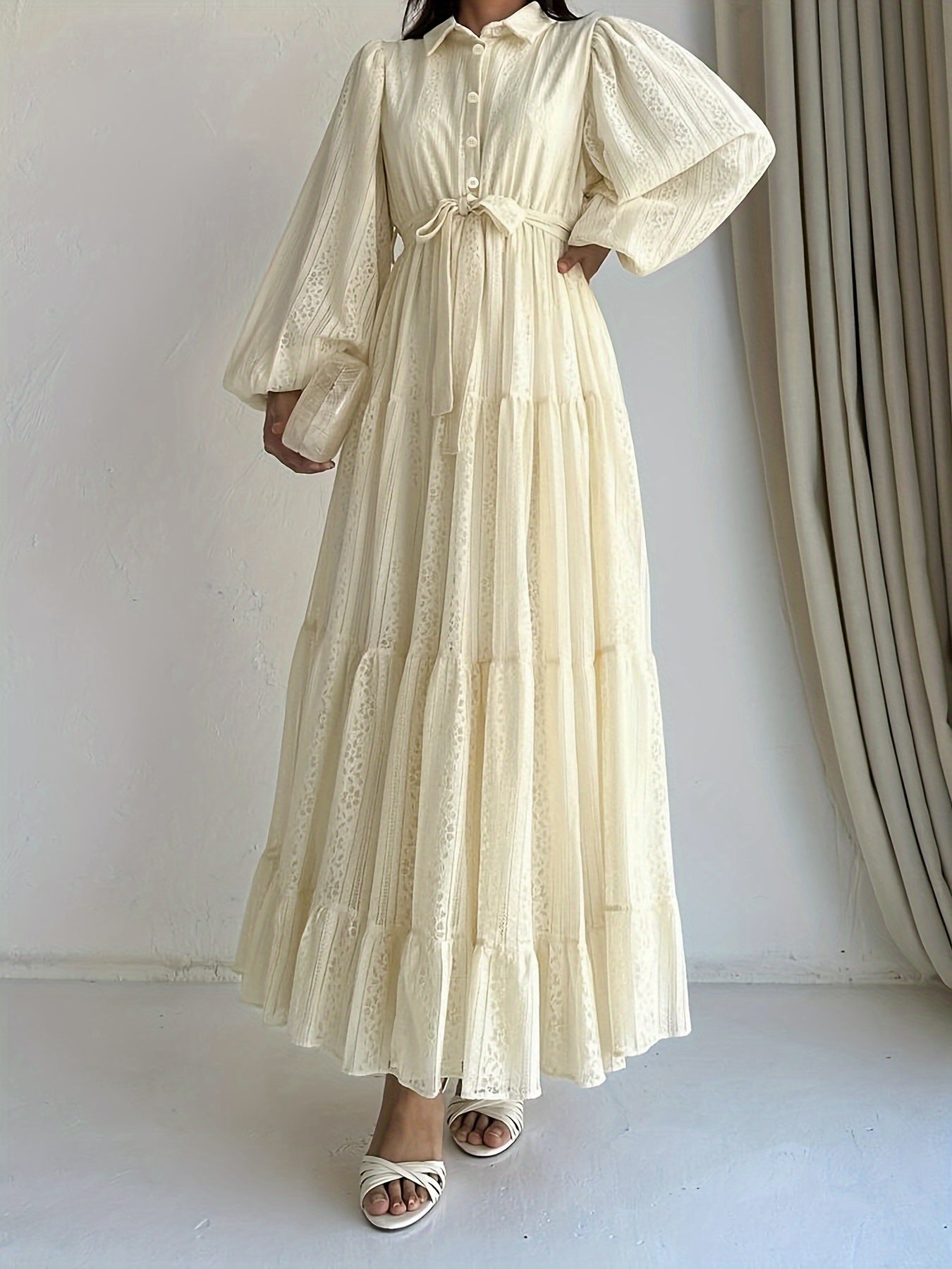 Elegant Women's Palestinian Abaya Dress | Long Sleeve, Floor-Length, Machine Washable, Modest Traditional Robe with Lace Overlay - Casual & Formal Wear, Allseason Outfit