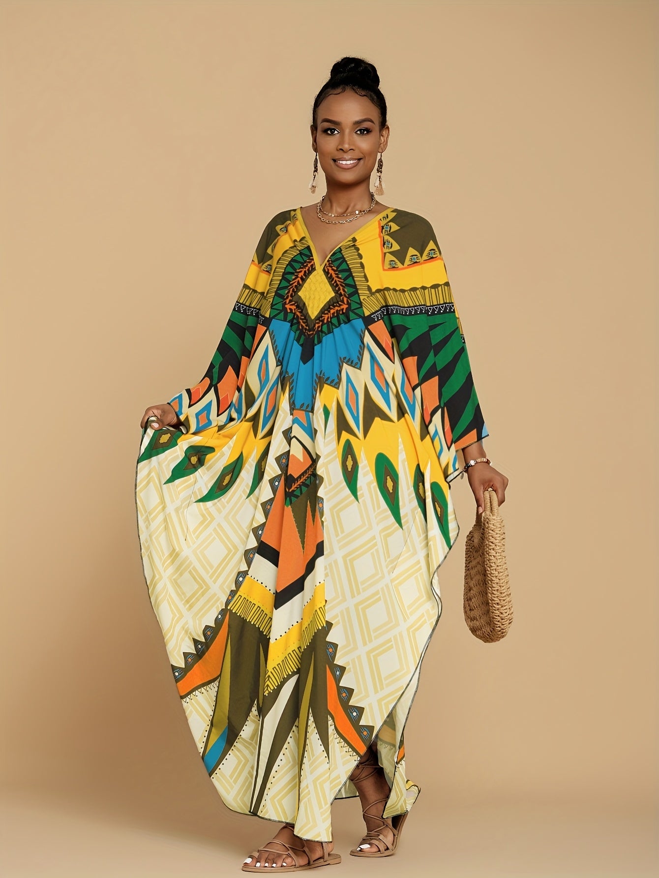 Women's Kaftan Dresses Geometric Patterns Floral Prints Beach Cover Up Chest Casual Home Vacation Ethnic Kaftan Robe Cover Up Batwing Sleeve Elegant Dress