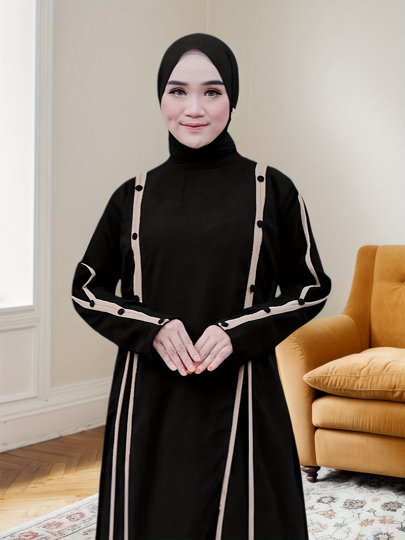 Women's Elegant Loose-Fit Long Sleeve Arabic Abaya with Adjustable Waist Belt - Solid Black Casual to Formal All-Season Machine Washable Traditional Attire, Modest Apparel, No Stretch Fabric