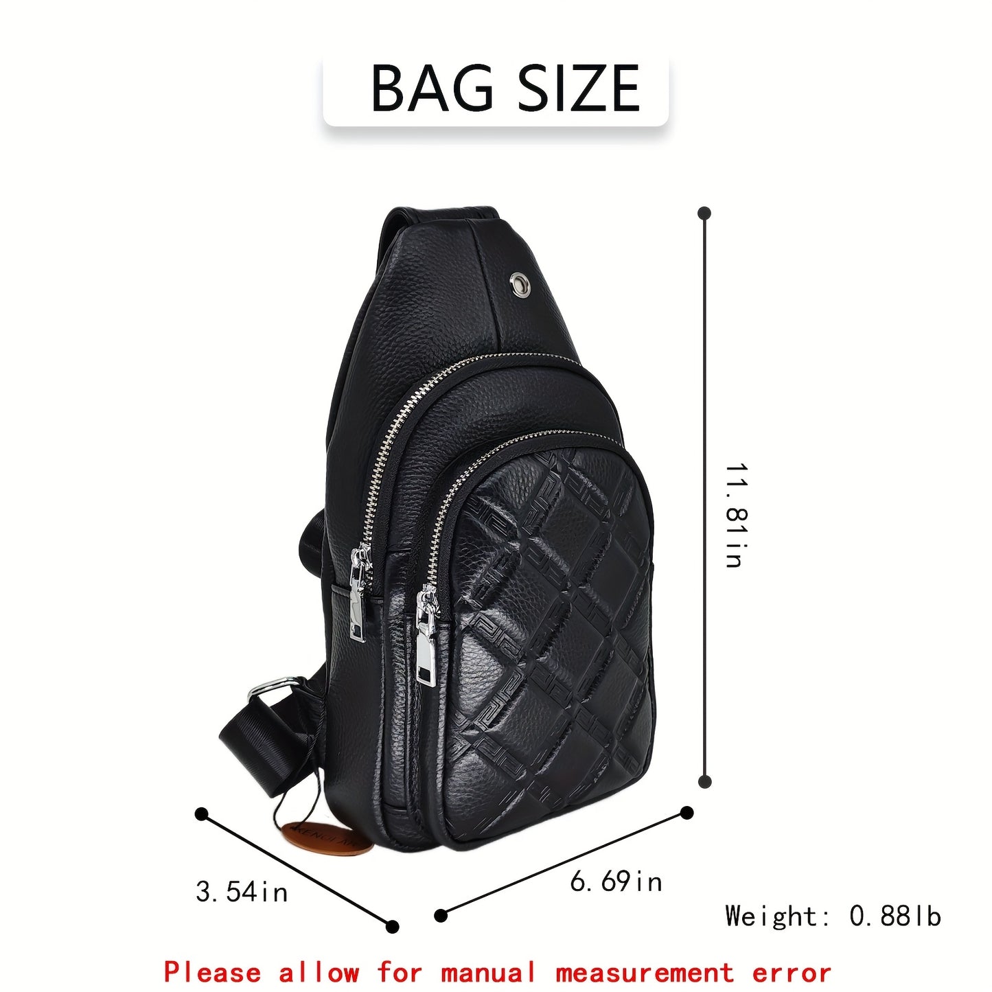 Men's Genuine Leather Quilted Sling Bag - Adjustable Strap, Black Chest & Crossbody Bag, 11.8" Height, Lightweight & Stylish for Casual Use