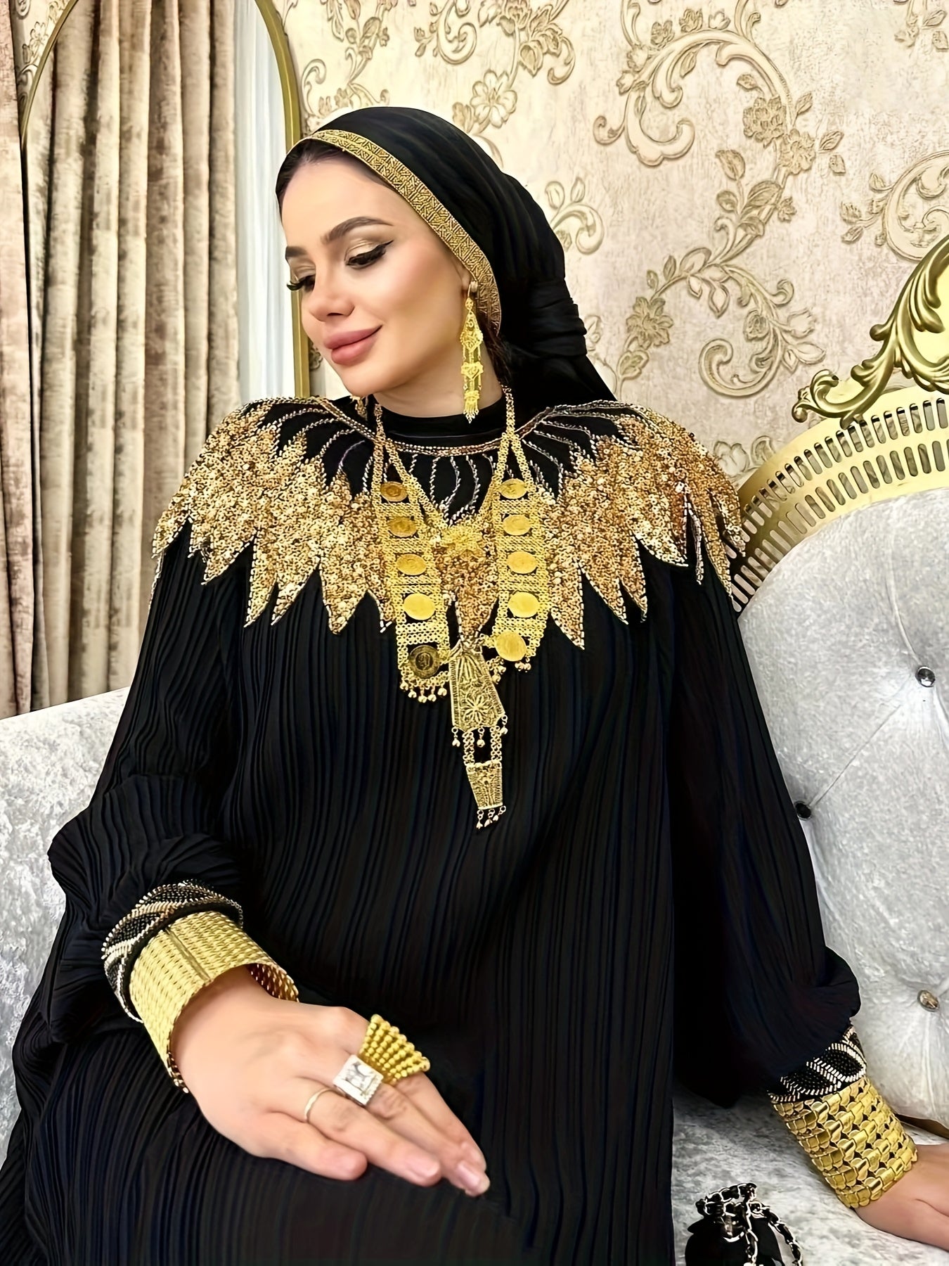 Elegant Black Sequin Gown with Golden Embellishments, Long Sleeves, and Asymmetrical Hem - Loose Fit Modern Abaya, Polyester, Perfect for Parties and Formal Events, Formal Event Attire