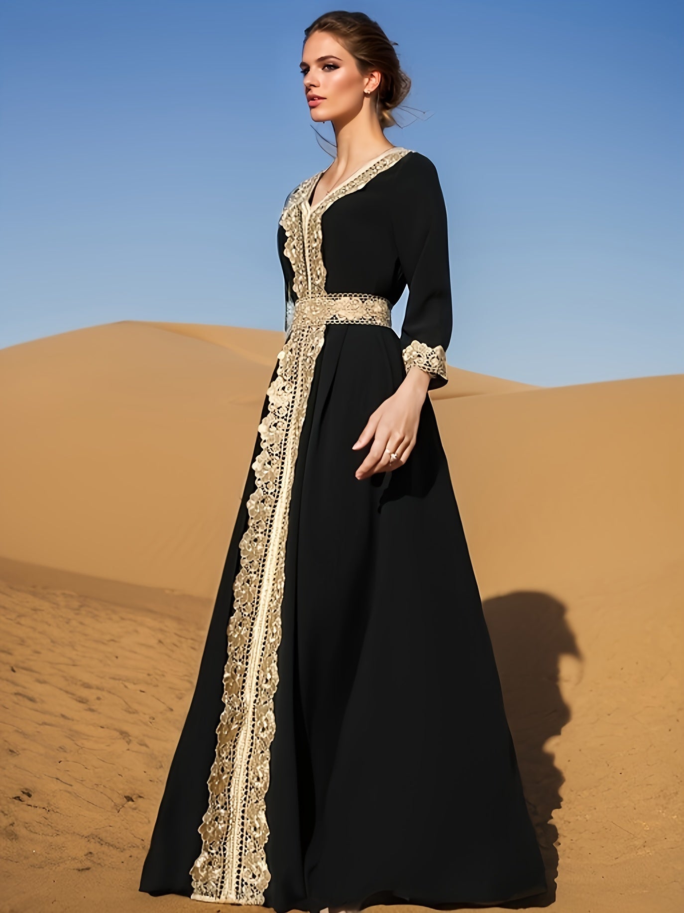 Elegant Golden Contrast Lace Detail Maxi Palestinian Abaya - V-Neck, Long Sleeve, Polyester, Formal or Evening Wear for Women, Formal Occasion Attire | Lace Detailing | Polyester Fabric