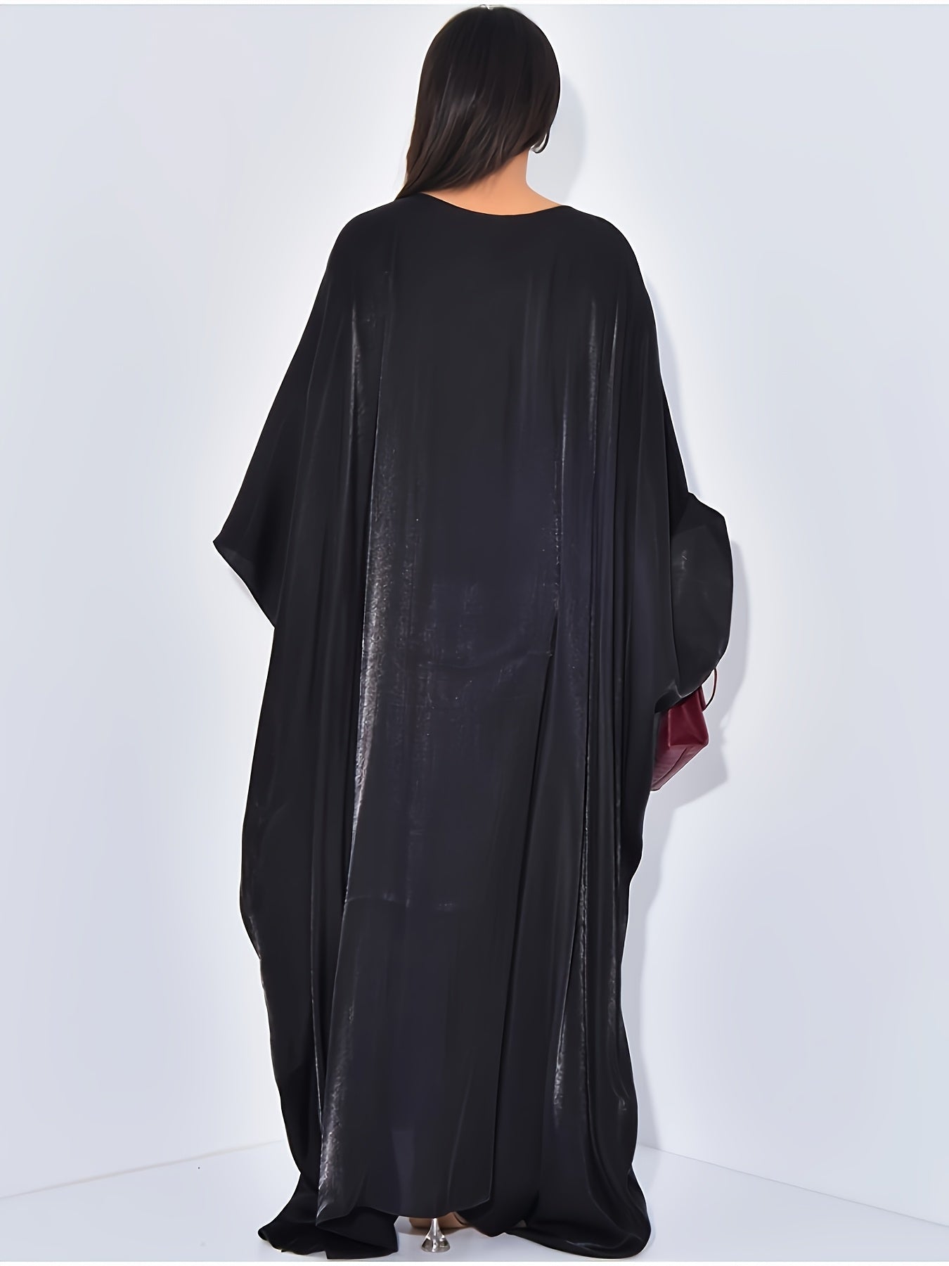 Women's Modest Arabic Abaya Robe Dress - Long Sleeve Asymmetrical Hem Shiny Fabric Cover-Up, Machine Washable All-Season Versatile for Parties Daily Outings, Solid Color Traditional Attire