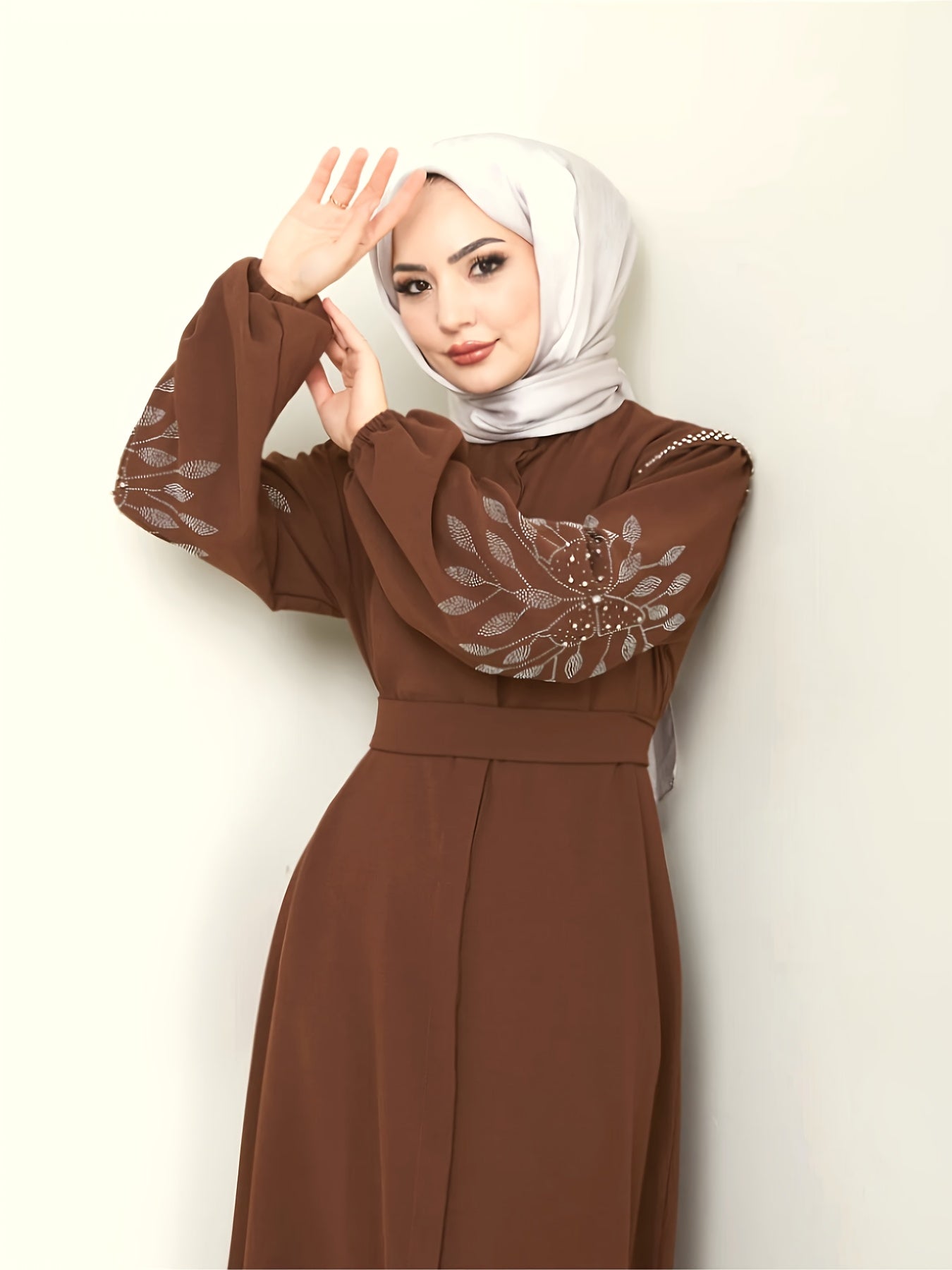 Elegant Middle Eastern-Inspired Rhinestone & Pearl Embellished Long Palestinian Abaya Dress - 100% Polyester Solid Black Floor-Length with Belt, Hand Wash Only for Modest Women