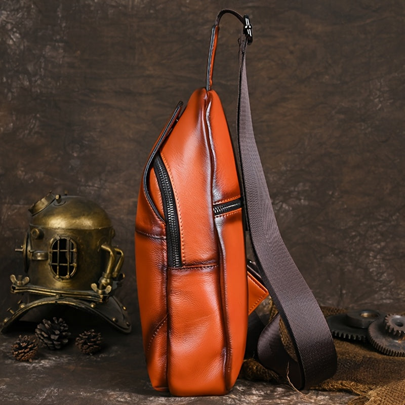 Men's Vintage Genuine Leather Chest Bag - Large Capacity Casual Messenger Shoulder Bag with Zipper Closure, Outdoor Shoulder Bag | Retro Style Bag