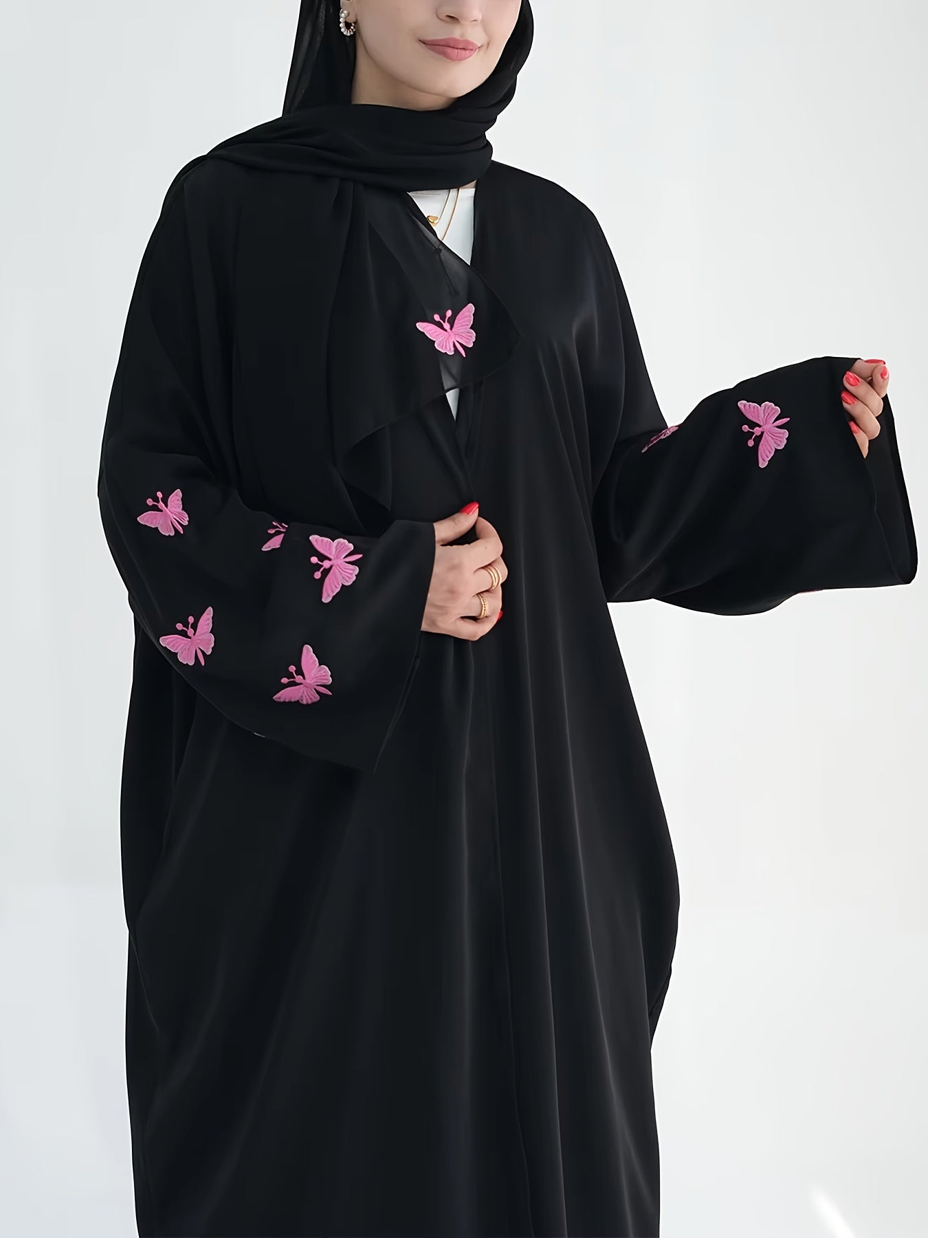 Oriental Women's Elegant Solid Color Embroidered Butterfly Batwing Sleeve Abaya, Saudi Dubai Loose Fit Black Satin Open Front Bathrobe, Casual Long Robe Dress 1pc Outerwear for Daily Wear and Festivals