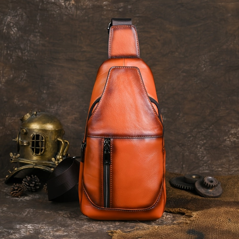 Men's Vintage Genuine Leather Chest Bag - Large Capacity Casual Messenger Shoulder Bag with Zipper Closure, Outdoor Shoulder Bag | Retro Style Bag