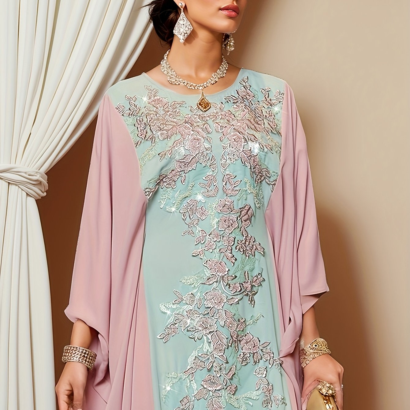 1pc Elegant Embroidered Kaftan Abaya for Women - Polyester Batwing Cape with Contrast Sequin Details, Solid Color, Woven, All-Season Traditional Middle Eastern Robe