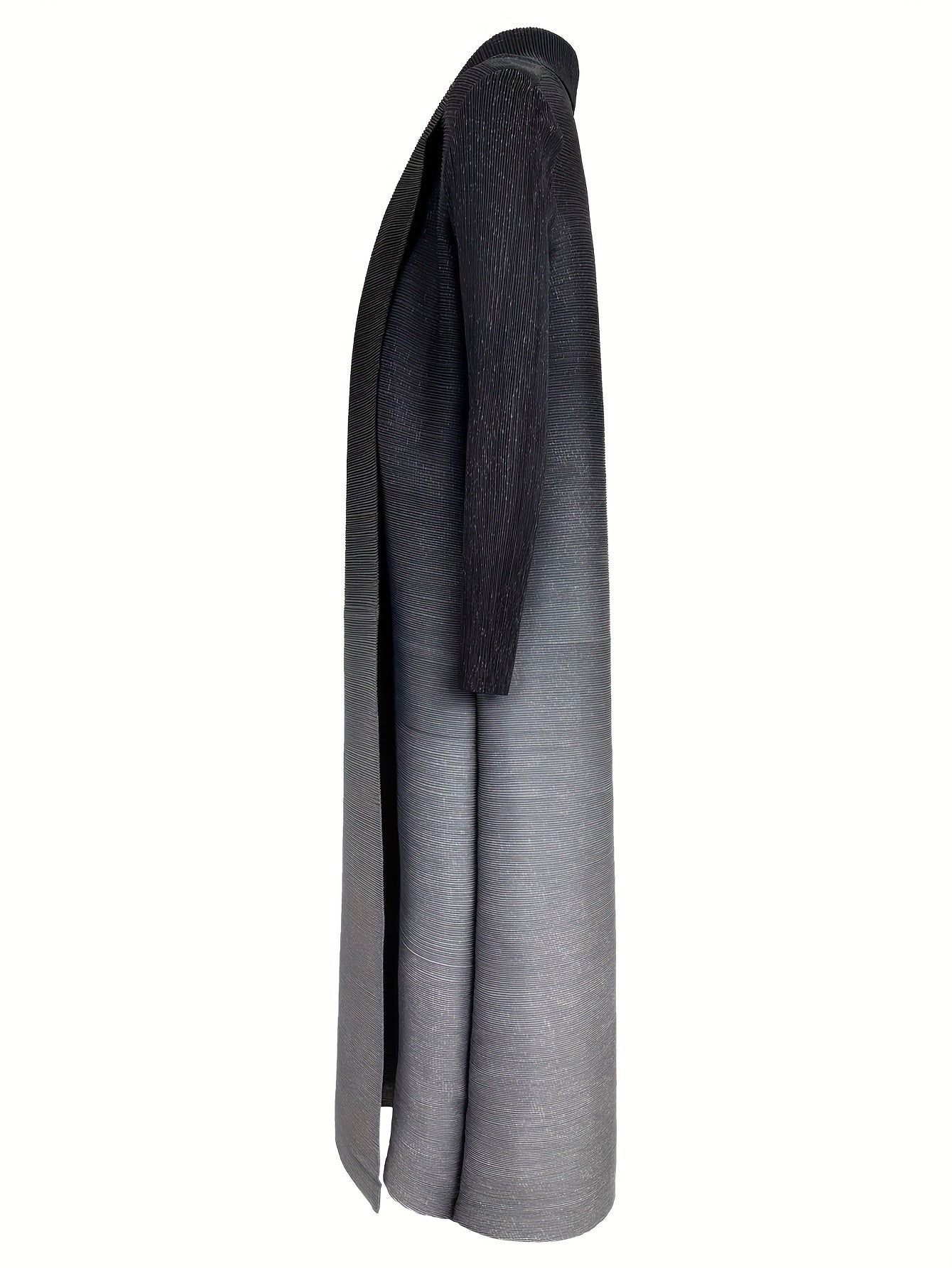Elegant Black to Gray Gradient Pleated Long Trench Coat - Stylish Open Front Abaya with Belt, Stretchy Medium-Large Fit for Women, Perfect for Casual or Formal Occasions