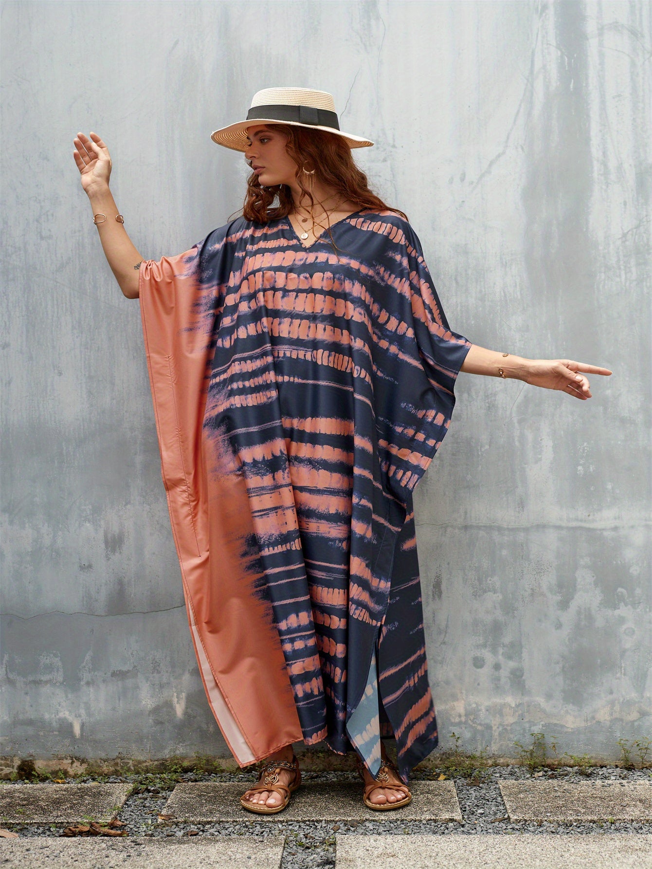 Stylish Plus Size Beach Kaftan Cover-Up with V-Neck & Side Slit - Lightweight Summer Dress in Vibrant Tie-Dye Pattern, Long Sleeves, Hand Washable, Perfect for Beach or Casual Outings, Relaxed Fit Clothing | V-neck Kaftan