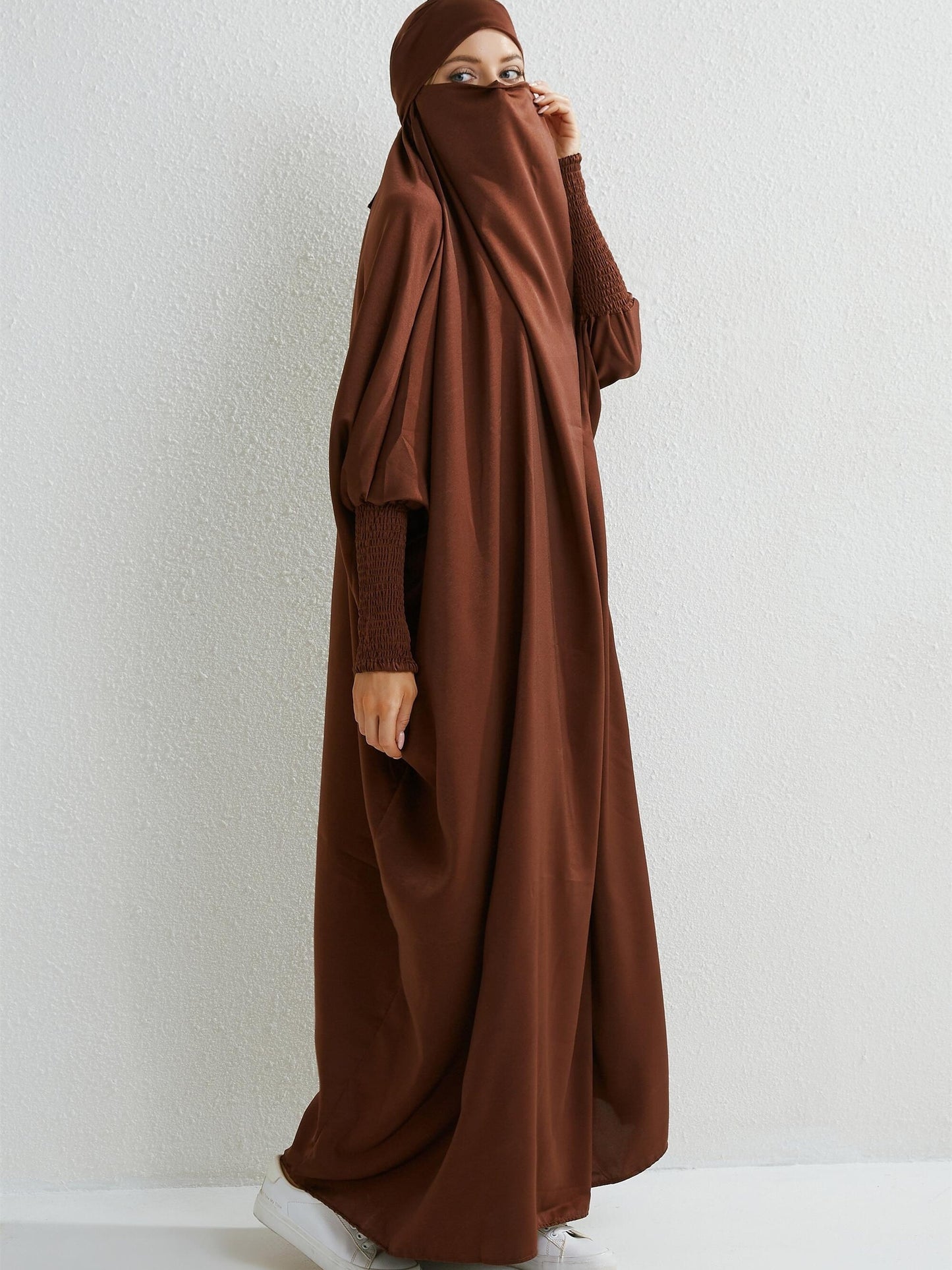 Women's Modest Jibab Abaya Dress with Hijab - Batwing Sleeves & Smocking Detail, Full-Length Prayer Robe, Islamic Clothing, Machine Washable Solid Color for Ramadan & Daily Wear, Allseason Robe, Hshaped Silhouette, Nontransparent F