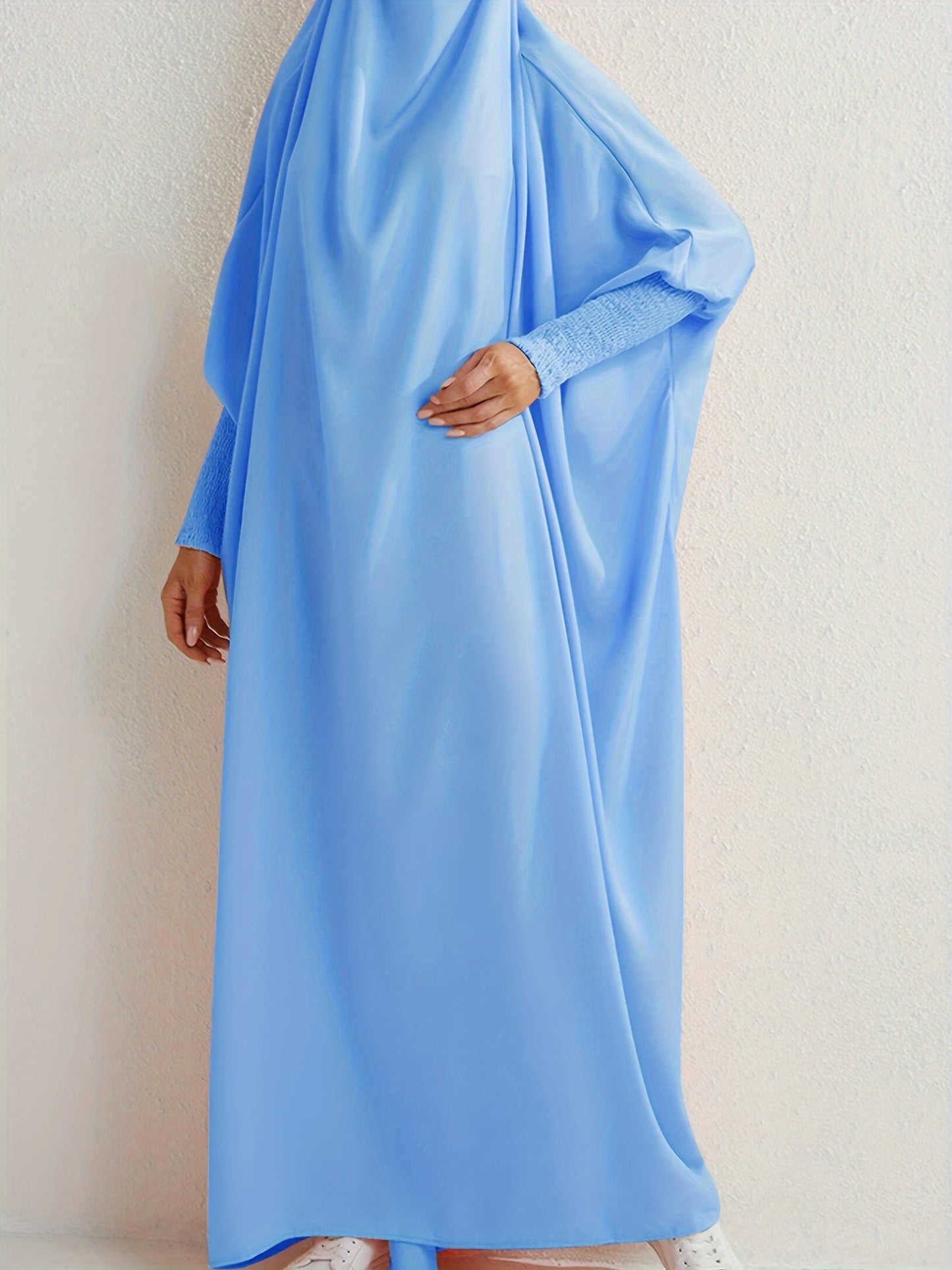 Women's Modest Jibab Abaya Dress with Hijab - Batwing Sleeves & Smocking Detail, Full-Length Prayer Robe, Islamic Clothing, Machine Washable Solid Color for Ramadan & Daily Wear, Allseason Robe, Hshaped Silhouette, Nontransparent F