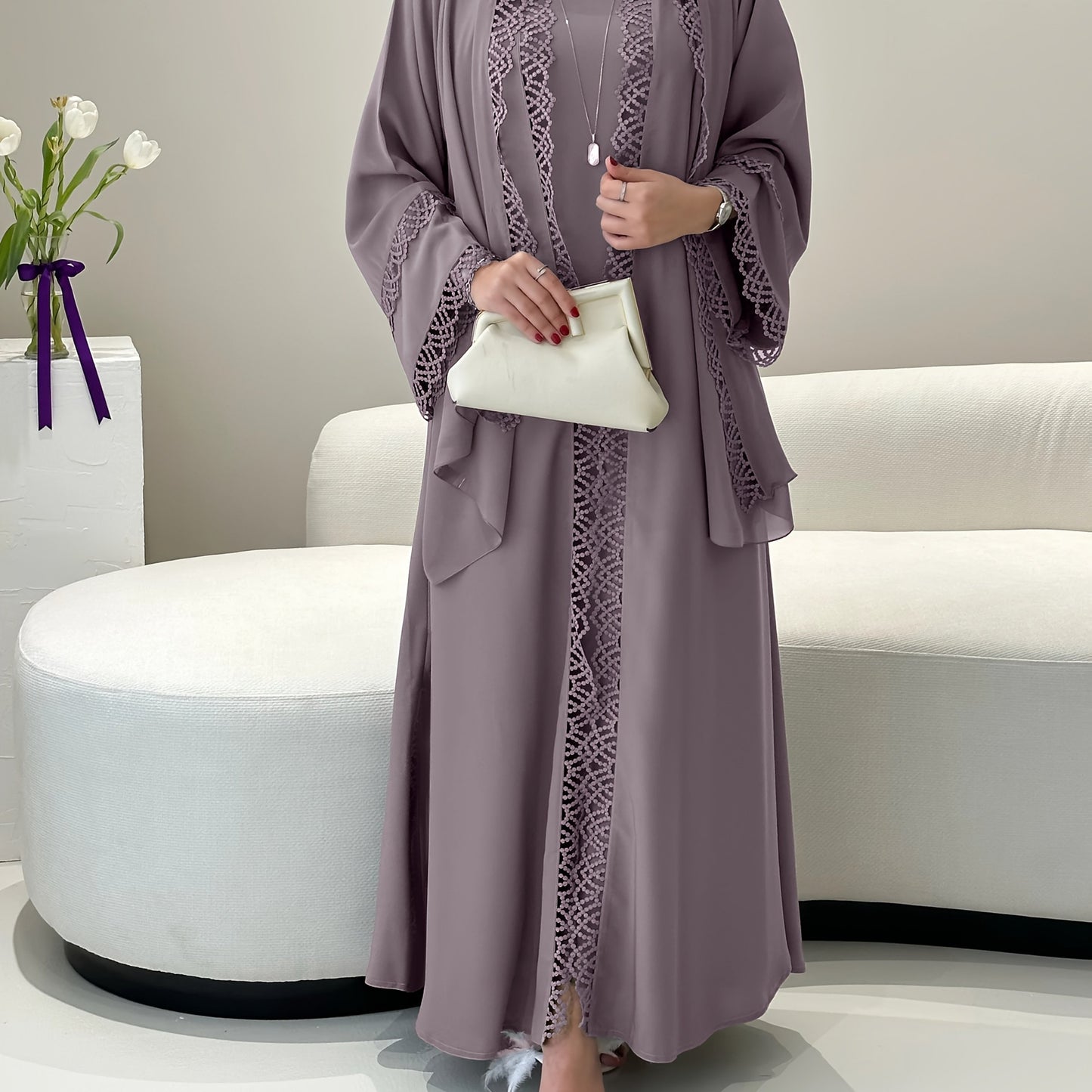 2pcs Muslim Kaftan Abaya Set with Lace Trim | Plus Sleeveless Vest Skirt, Headscarf, for Ramada