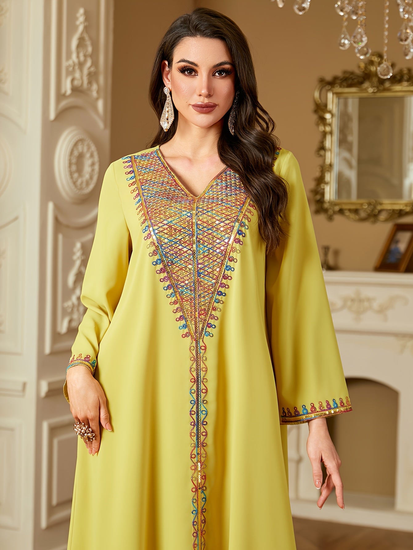 Elegant V-Neck Long Sleeve Kaftan Abaya with Sequin Detail - Polyester, Non-Stretch, Regular Fit for All Seasons