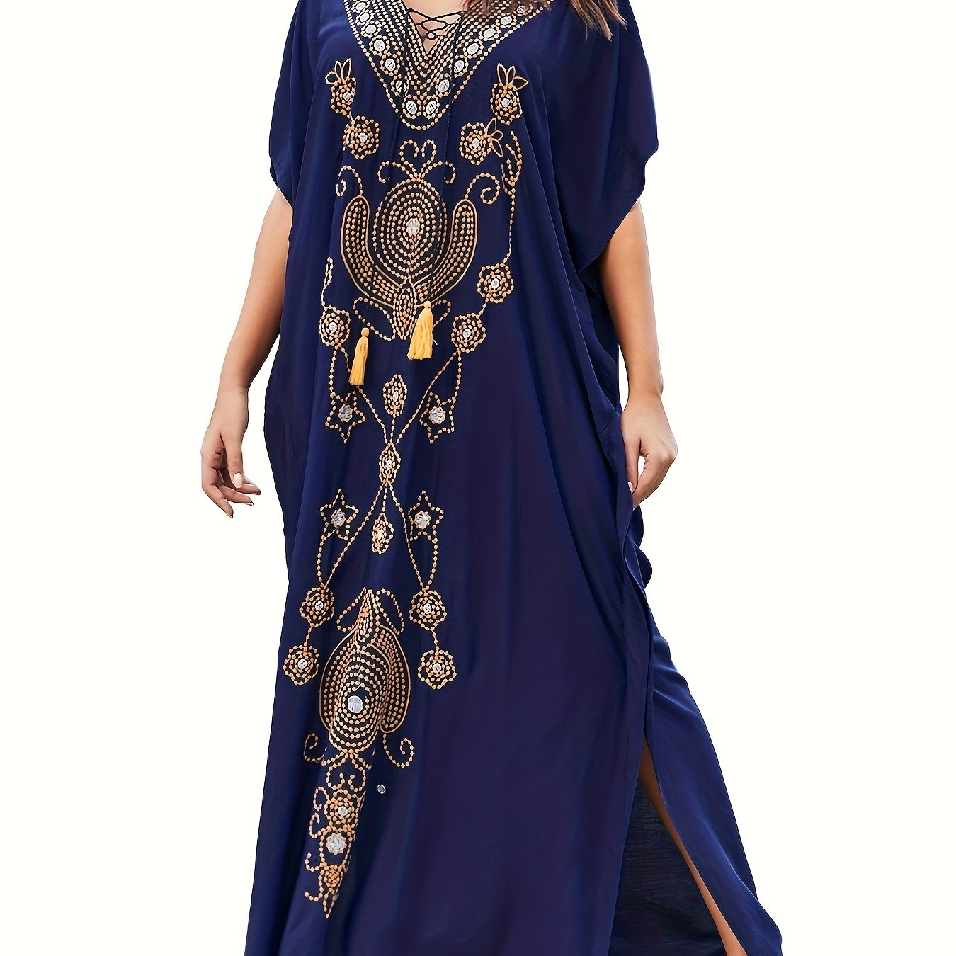 Swimsuit Coverup Embroidered V-Neck Kaftan Plus Size Summer Long Dress