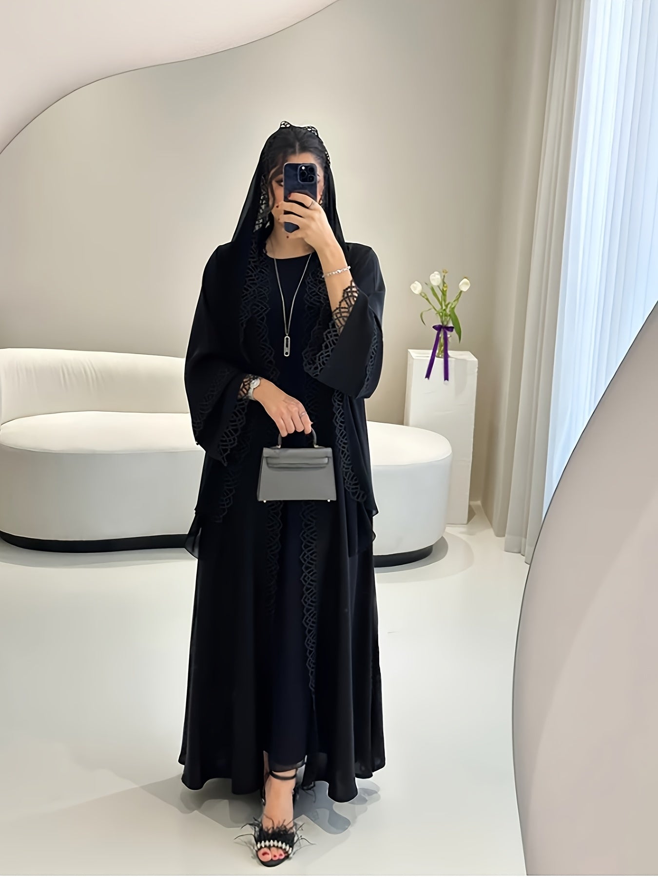 2pcs Muslim Kaftan Abaya Set with Lace Trim | Plus Sleeveless Vest Skirt, Headscarf, for Ramada