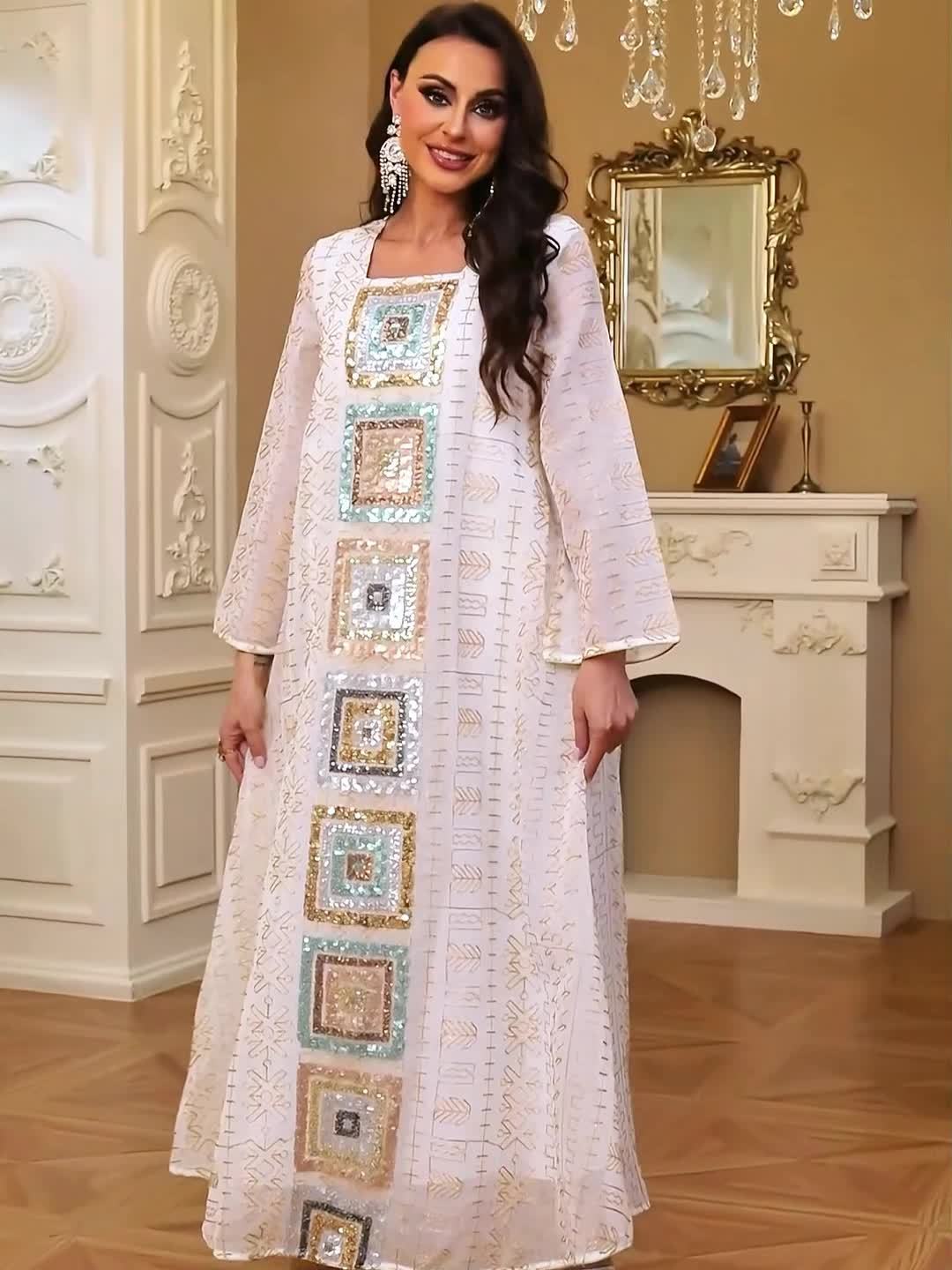 Muslim Sequin Patchwork Dress Women's Jalabiya Ramadan Morocco Dubai Mesh Fashion Kebaya Loose Kaftan Abaya