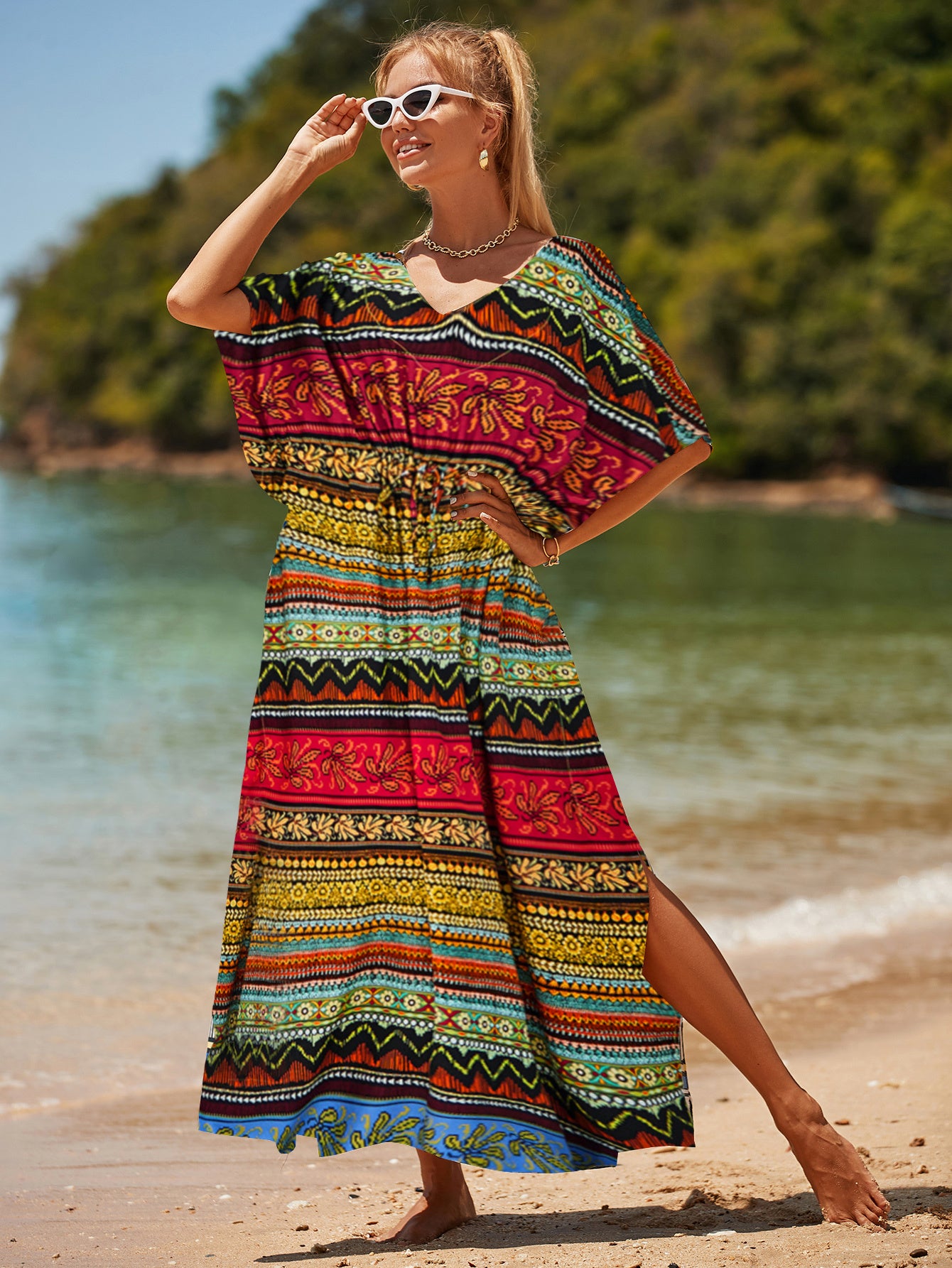 Boho Chic Arabic Dress - Monochrome Stripe Swimsuit Cover Up, Long Split Side Kaftan with V-Neck for Beach Wedding & Vacation
