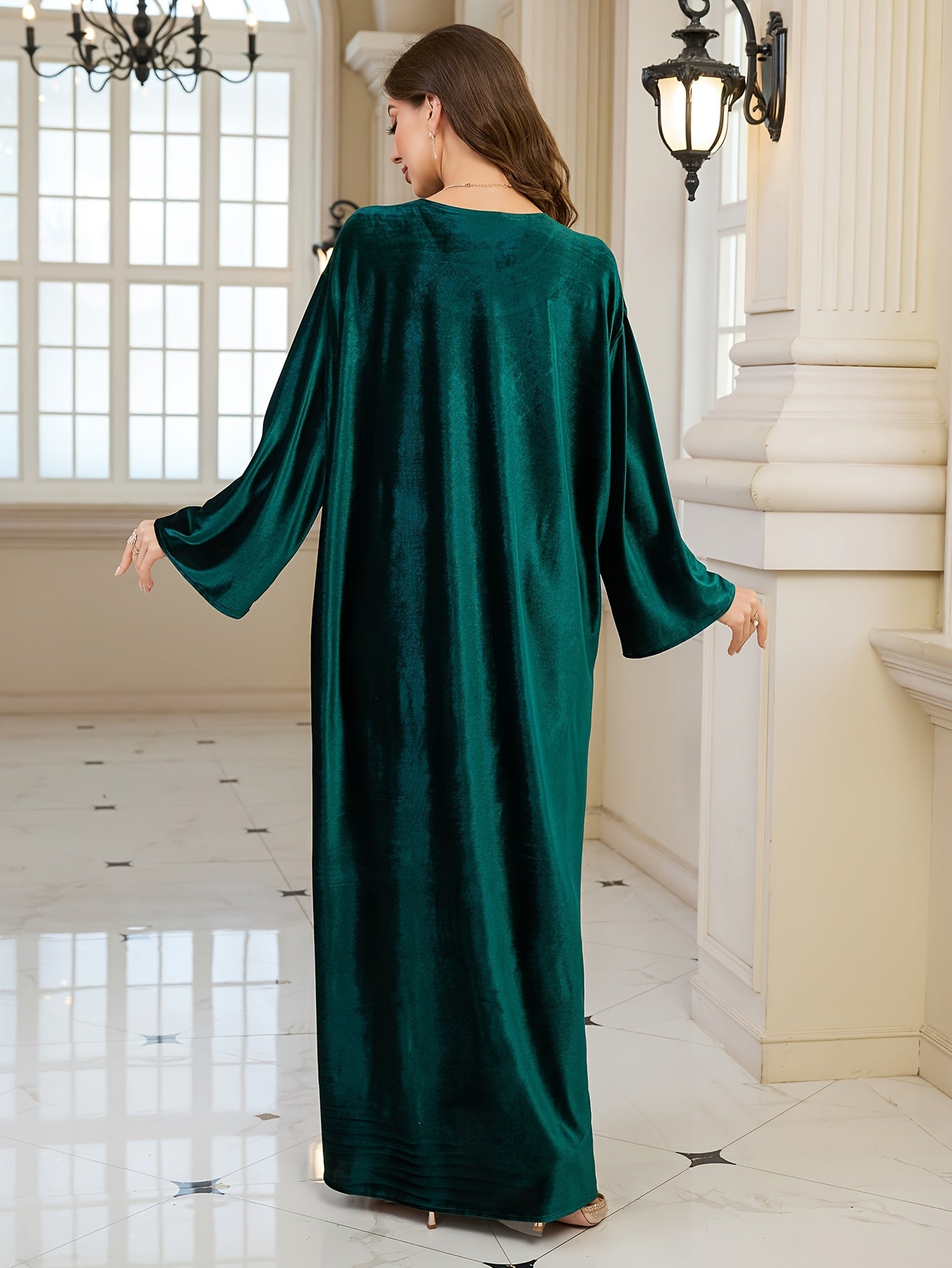 Plus Size - FY Ladies Elegant Embroidery Velvet Long Gown Loose Arabic Abaya Large Size Leisure Resort Beach Jacket Bikini Outerwear Cover-up