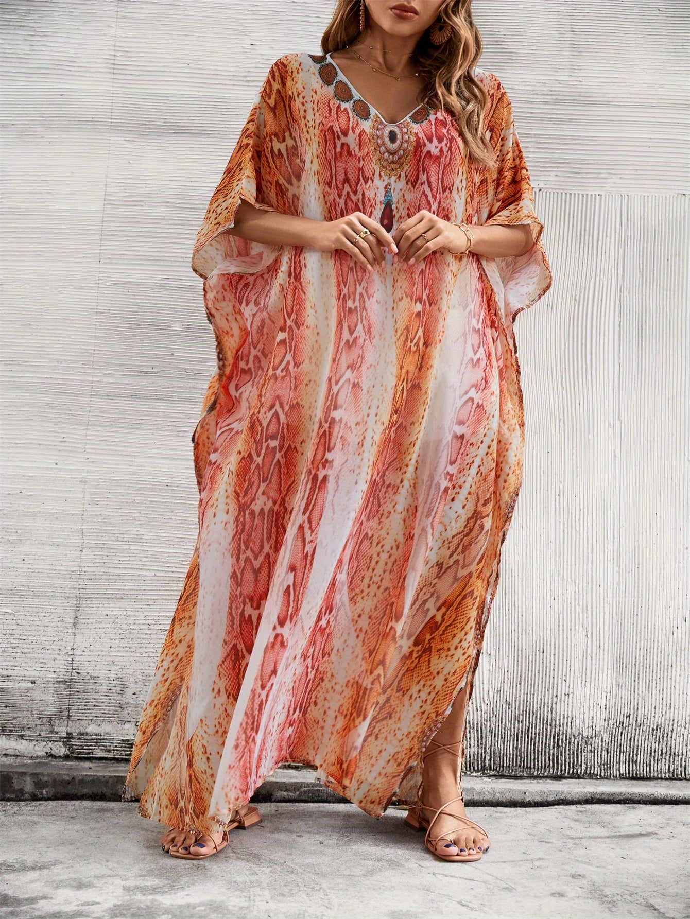 Plus Size Boho Beach Maxi Dress - Vibrant Print V-Neck Kaftan with Side Slits, Stretchy Lightweight Fabric, Short Sleeve Resort Wear for Seaside, Summer Parties & Casual Outings, Beach Dress, Seaside Event Attire, Flowy Fabric