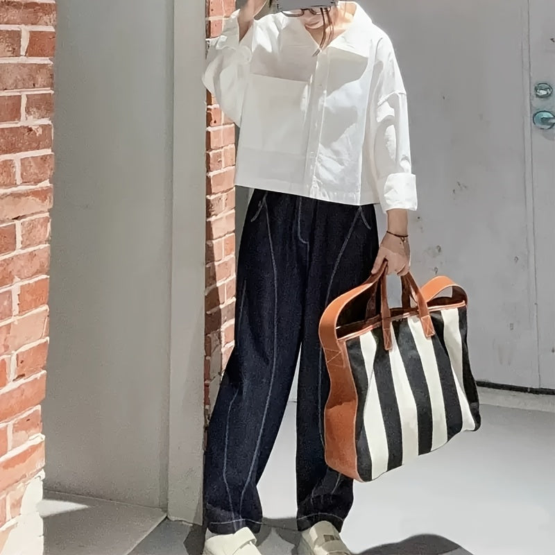 Genuine Leather & Large Capacity Striped Tote Bag for Women - 15-inch Laptop Compartment, Magnetic Closure