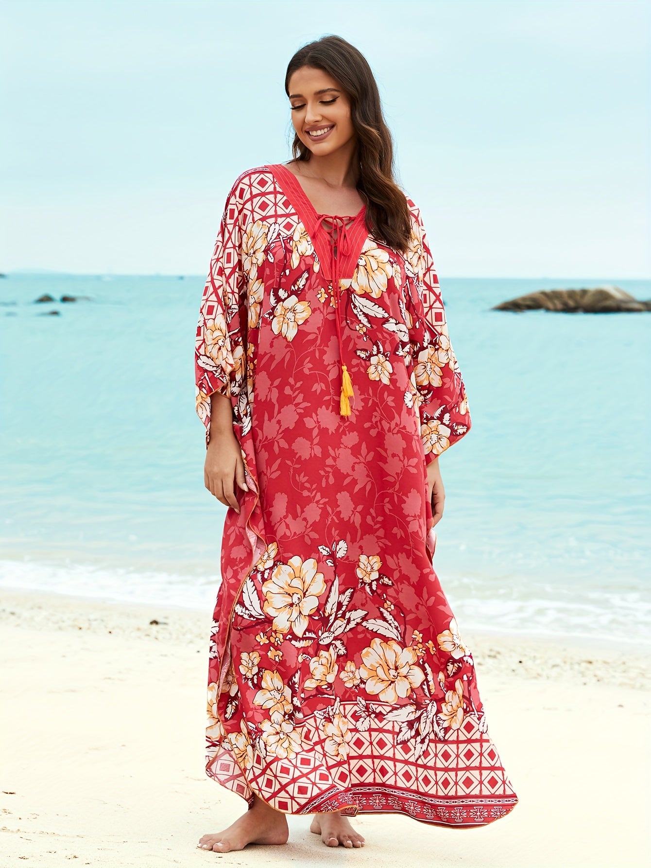 Women's Floral Print Beach Cover-Up Kaftan Dress Floral Pattern, V-Neck With Tie, Loose-Fitting Ethnic Style Casual Maxi Dress