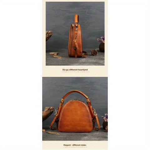 Genuine Leather Women's Crossbody Bag - Retro Chinese-Style Embossed Design, Adjustable Shoulder Strap, Zipper Closure, Top-Grain Cowhide Shell