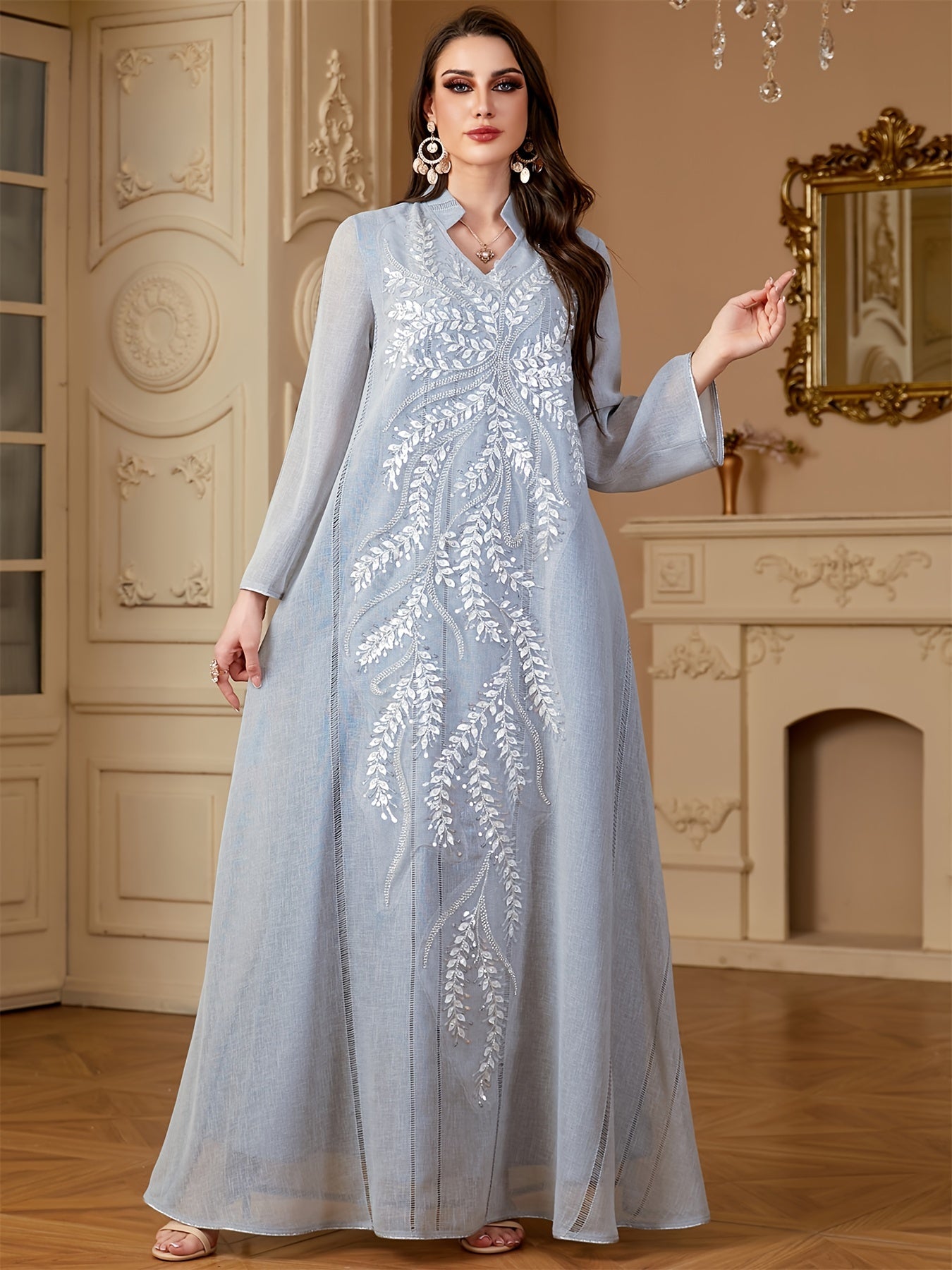 Ramadan Muslim Women's Fashion Beading Emirati Abaya Dubai Notched Stand Collar Dresses Mesh Sleeve Kebaya Casual Loose Clothing