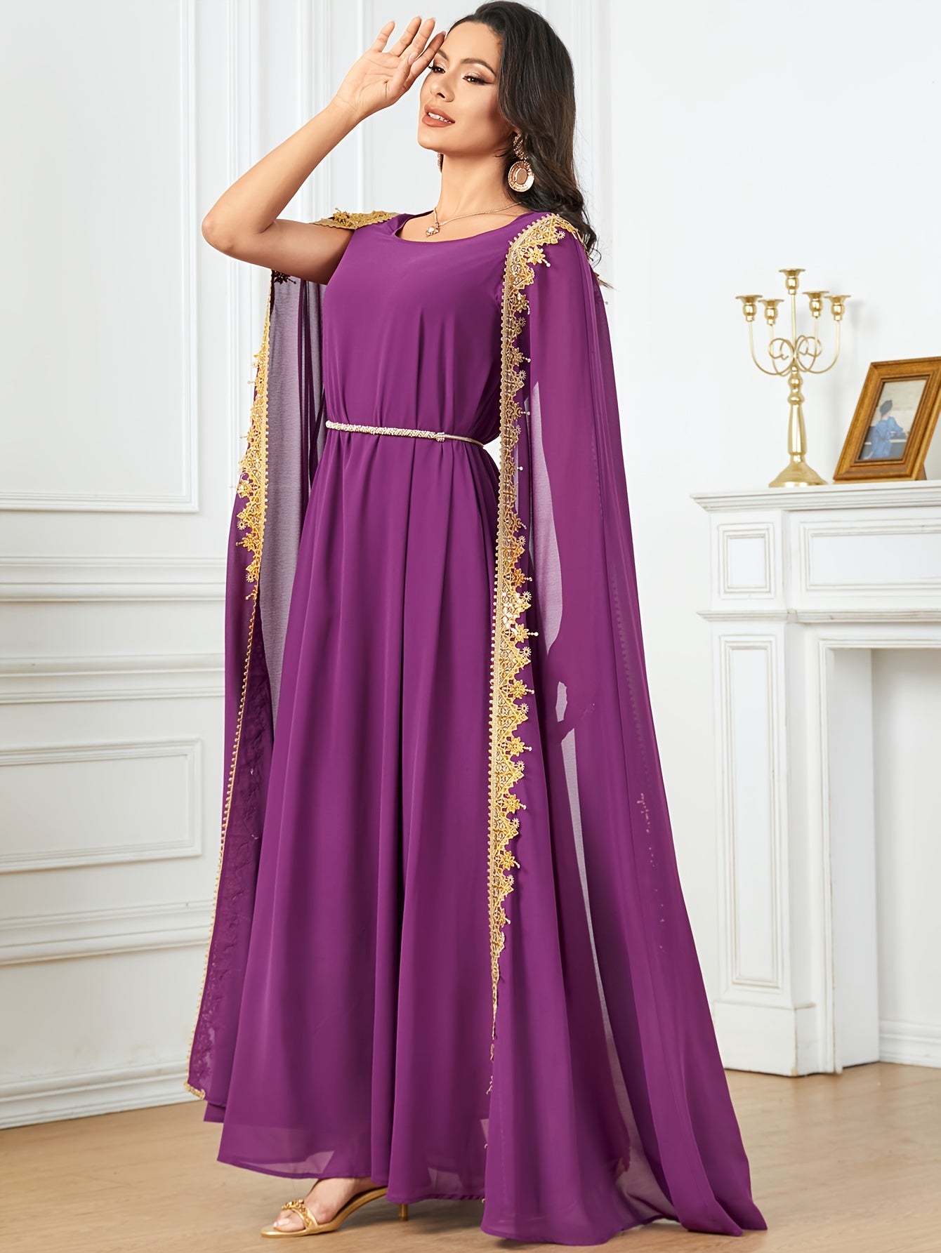 Middle Eastern-Inspired Emerald Green Sequin-Trimmed Lace Embroidery Robe Modern Abaya - Long Sleeve A-Line Gown with Golden Accents, Machine Washable Formal & Casual Wear