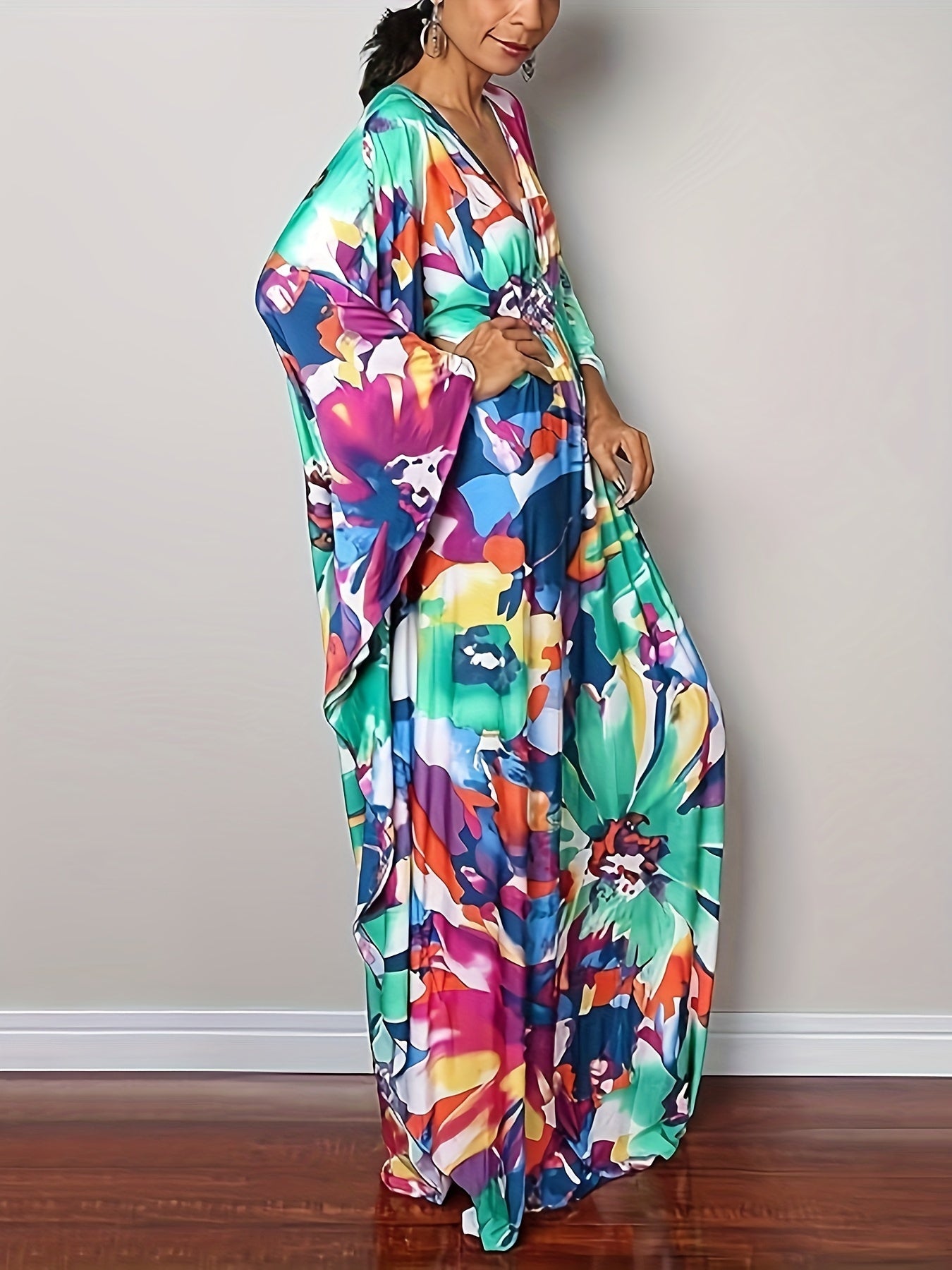 Women Ethnic Print Kaftan Beach Dress Plus Size Swimsuit Cover Up