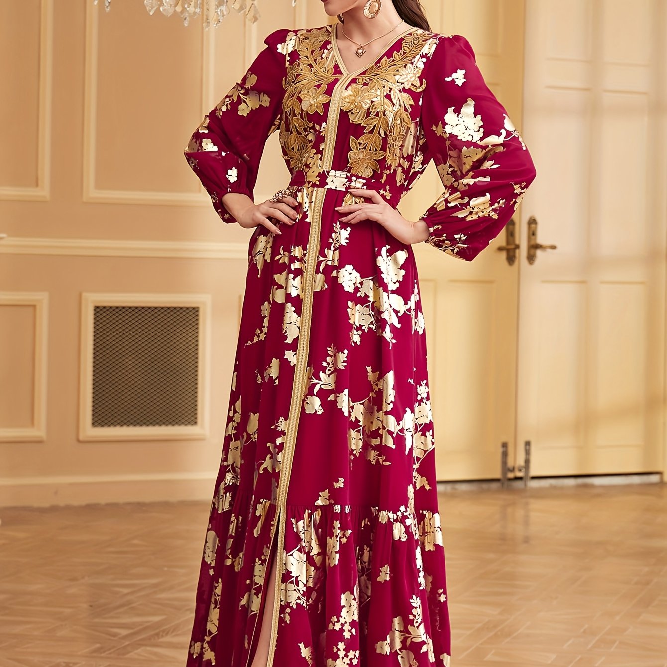 1pc Elegant Embroidered Long Sleeve Modern Abaya with Golden Accents, Polyester 100%, Regular Fit, All-Season Floral Print with Slit Hem and Waist Belt