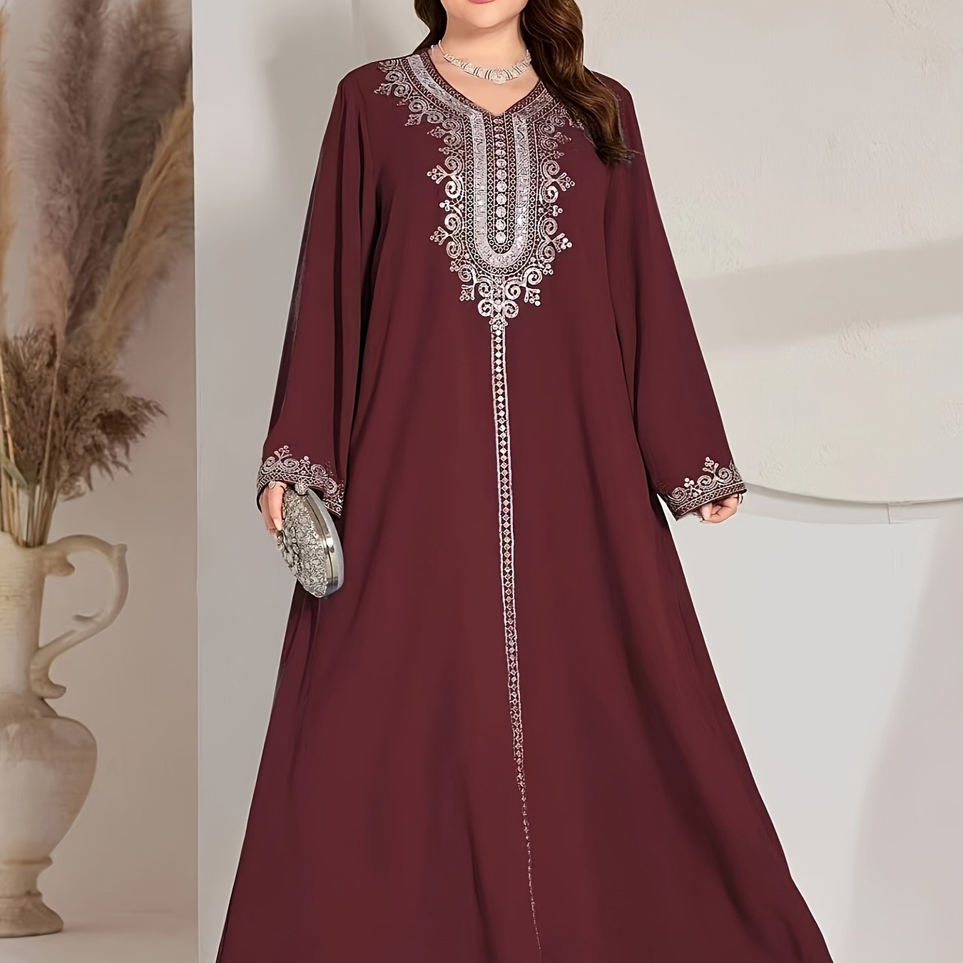 Plus Size Ethnic V-Neck Long Sleeve Arabic Abaya with White Floral Print on Wine Red - Loose Fit H-Line Silhouette, Machine Washable Middle Eastern-Inspired Casual to Formal Wear