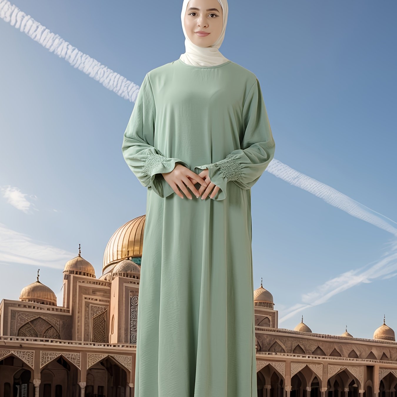 Elegant Long Chiffon Arabic Abaya with Elastic Sleeves - Solid Color, Flowing Design for Muslim Women, Perfect for Ramadan, Eid Al-Fitr, and Eid Al-Adha, Comfortable Spring & Summer Wear